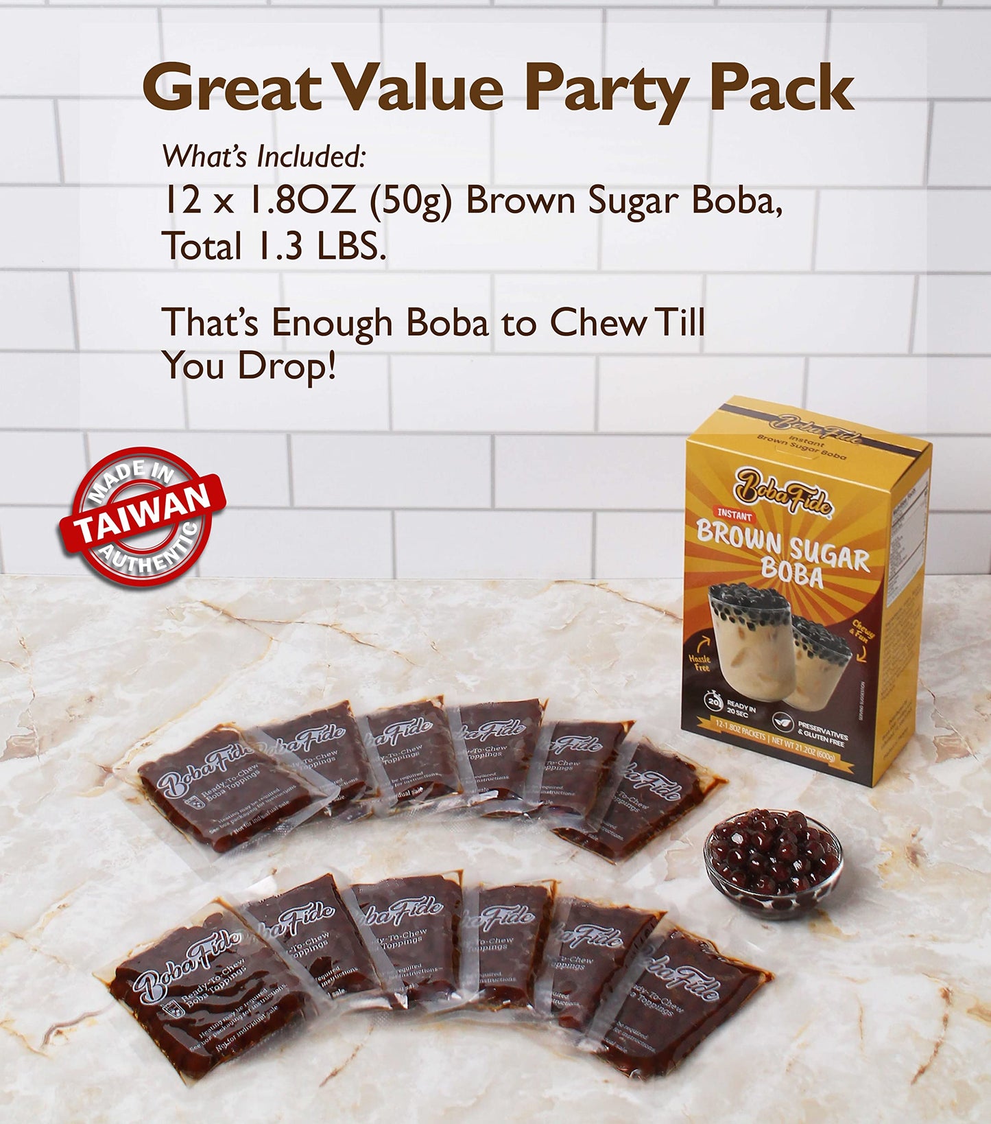 BOBA FIDE Instant Brown Sugar Boba Tapioca Pearls, 12 Packets of Microwavable Black Tapioca Pearls for Boba Bubble Tea, Ready in