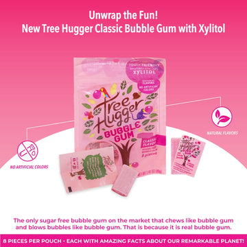 Tree Hugger Classic Bubble Gum with Xylitol, 8 Count (Pack of 12), 100% Tooth Friendly, Sweetened, 1.4 oz per Bag