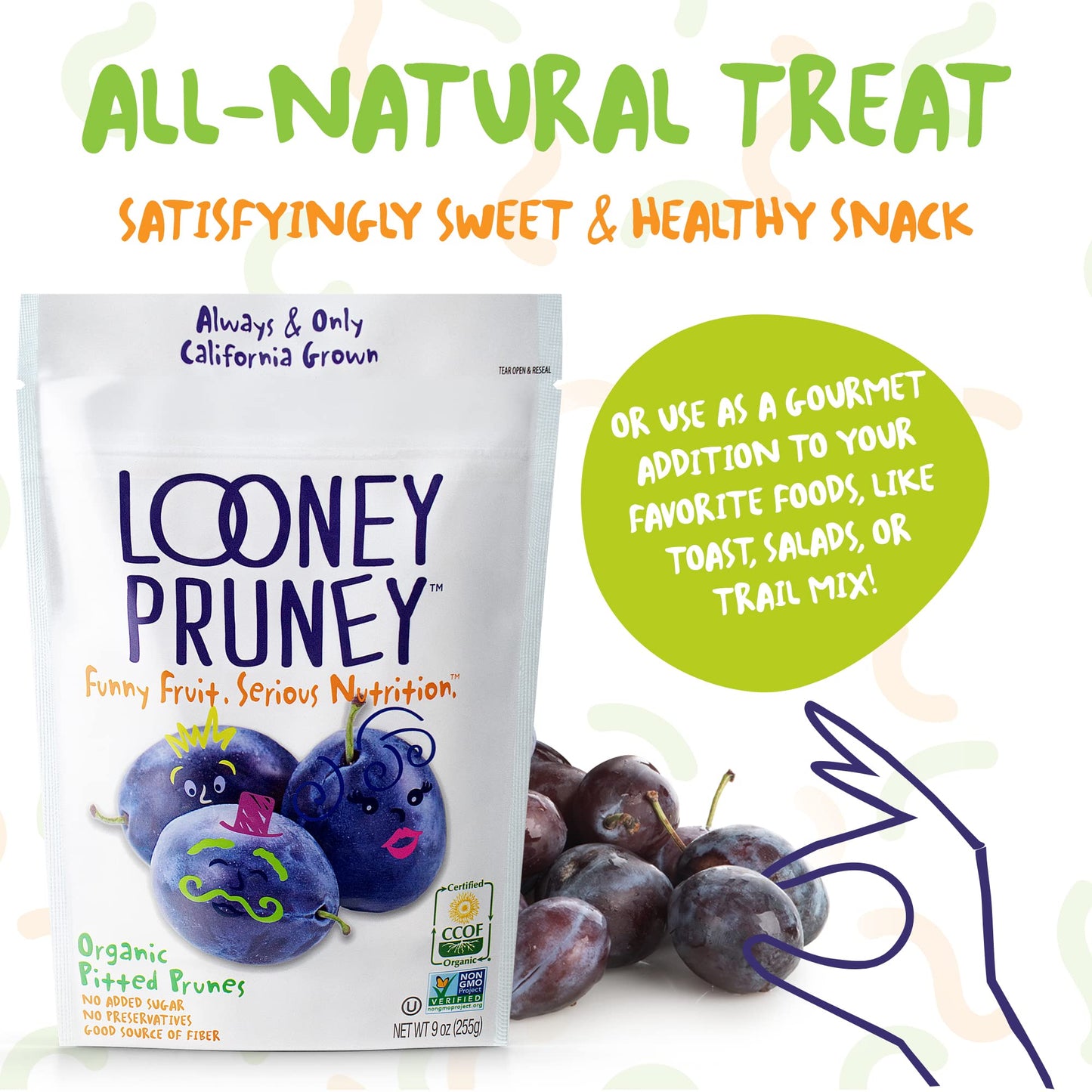 Looney Pruney Pitted Dried Prunes | No Added Sugar, Kosher | 9 Ounce (Pack of 12)