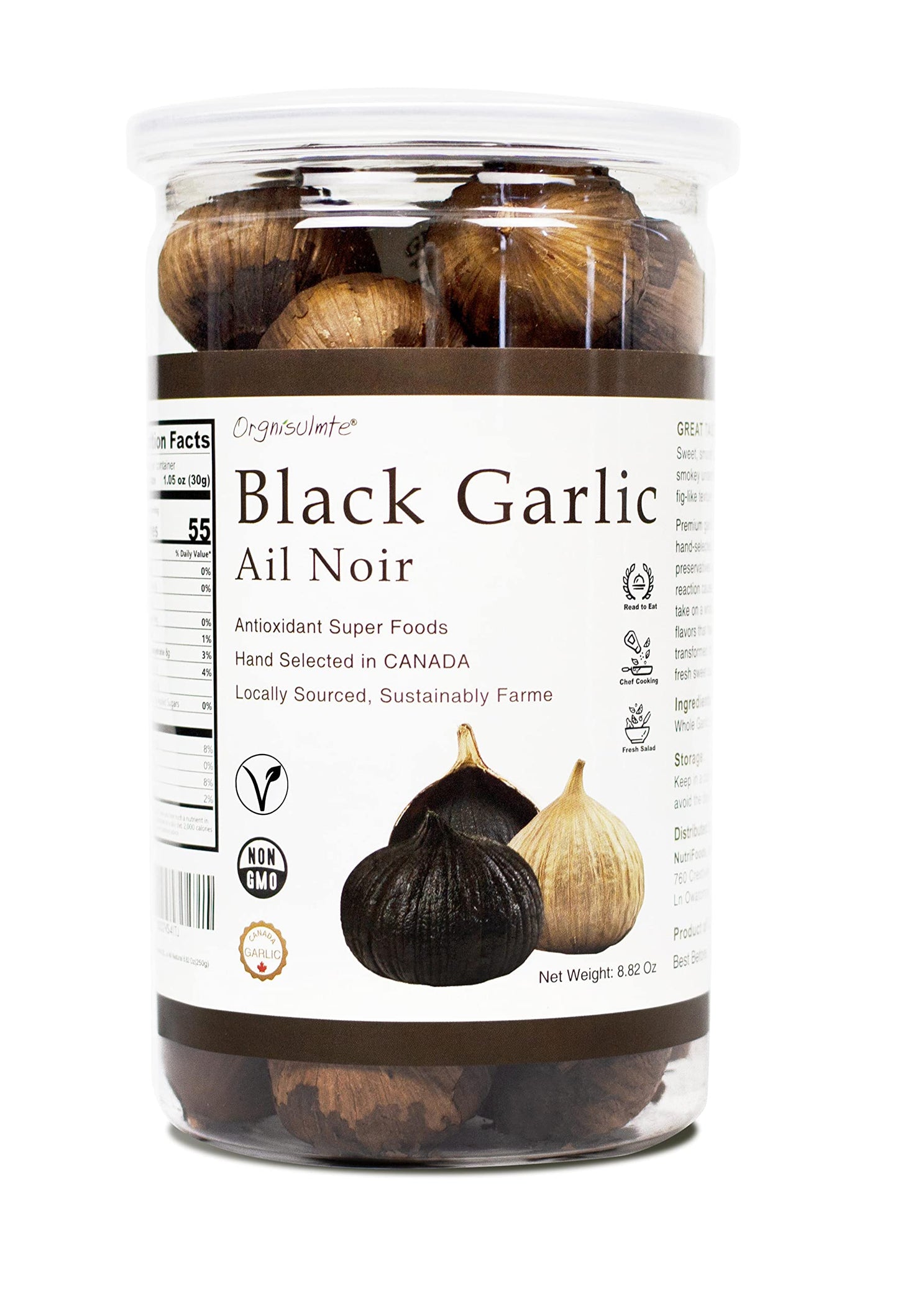 Orgnisulmte Whole Black Garlic Bulbs - Fermented 90 Days, All Natural, 8.82 Oz - Black Garlic Cloves Made in Canada