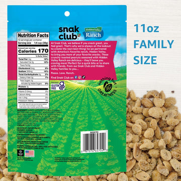 Snak Club Roasted Peanuts With Hidden Valley Ranch Seasoning, Savory Peanut Snacks, Certified Gluten Free, 11 Oz Resealable Bag