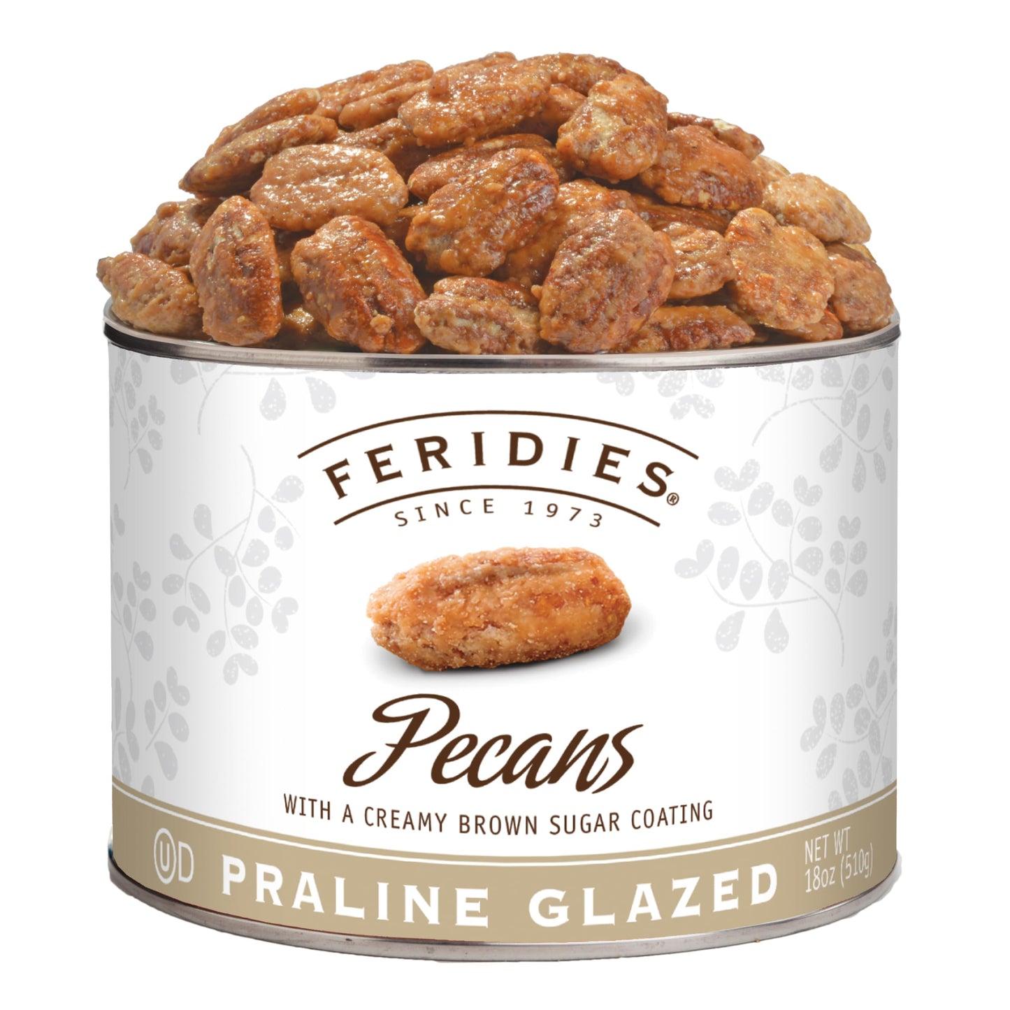 FERIDIES Praline Glazed Pecans - 18oz Vacuum Tin