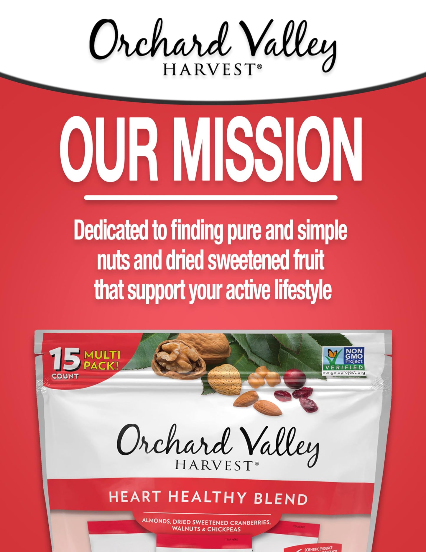 Orchard Valley Harvest Heart Healthy Blend, 1 Ounce Bags (Pack Of 15), Almonds, Cranberries, Walnuts, And Chickpeas, Gluten Free