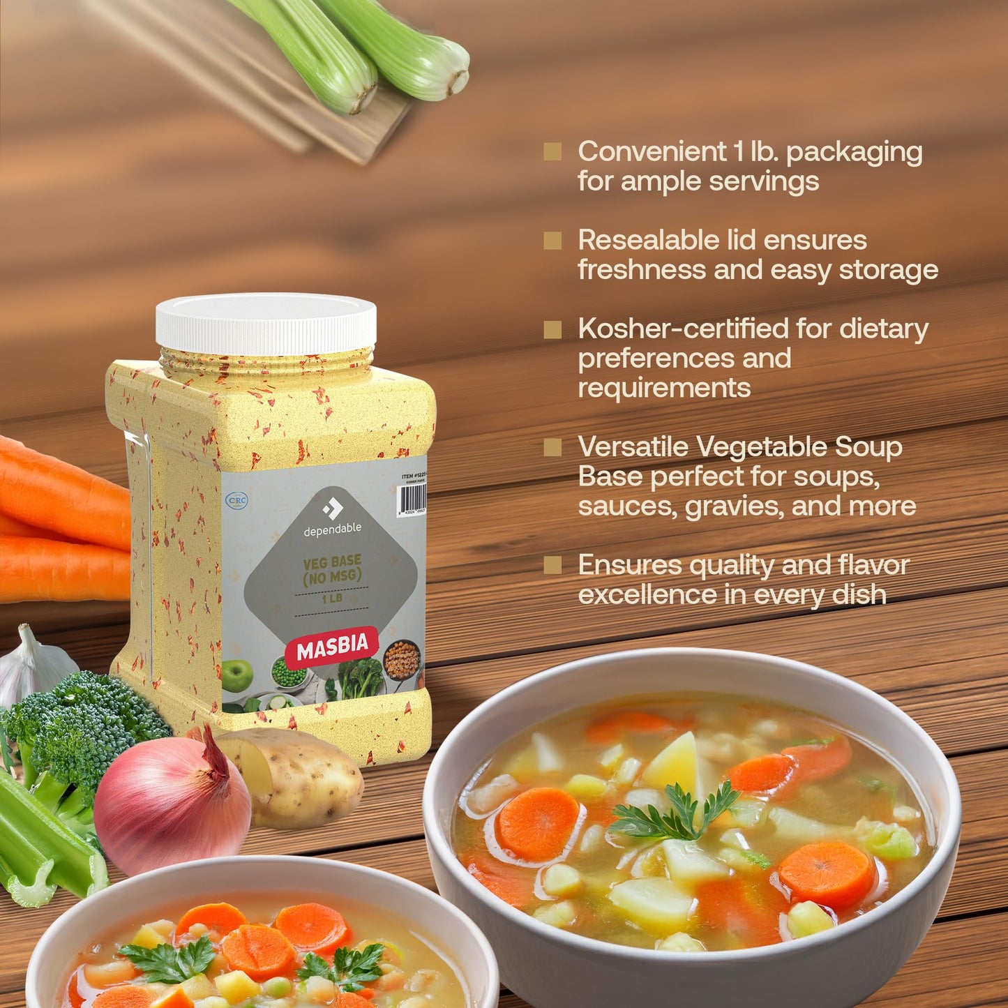 Dependable Food Vegetable Soup Base – Vegetable Flavor Consommé | 15 Oz. Resealable Jar | No Msg, Kosher | Perfect For Soups, Stocks, And Broths