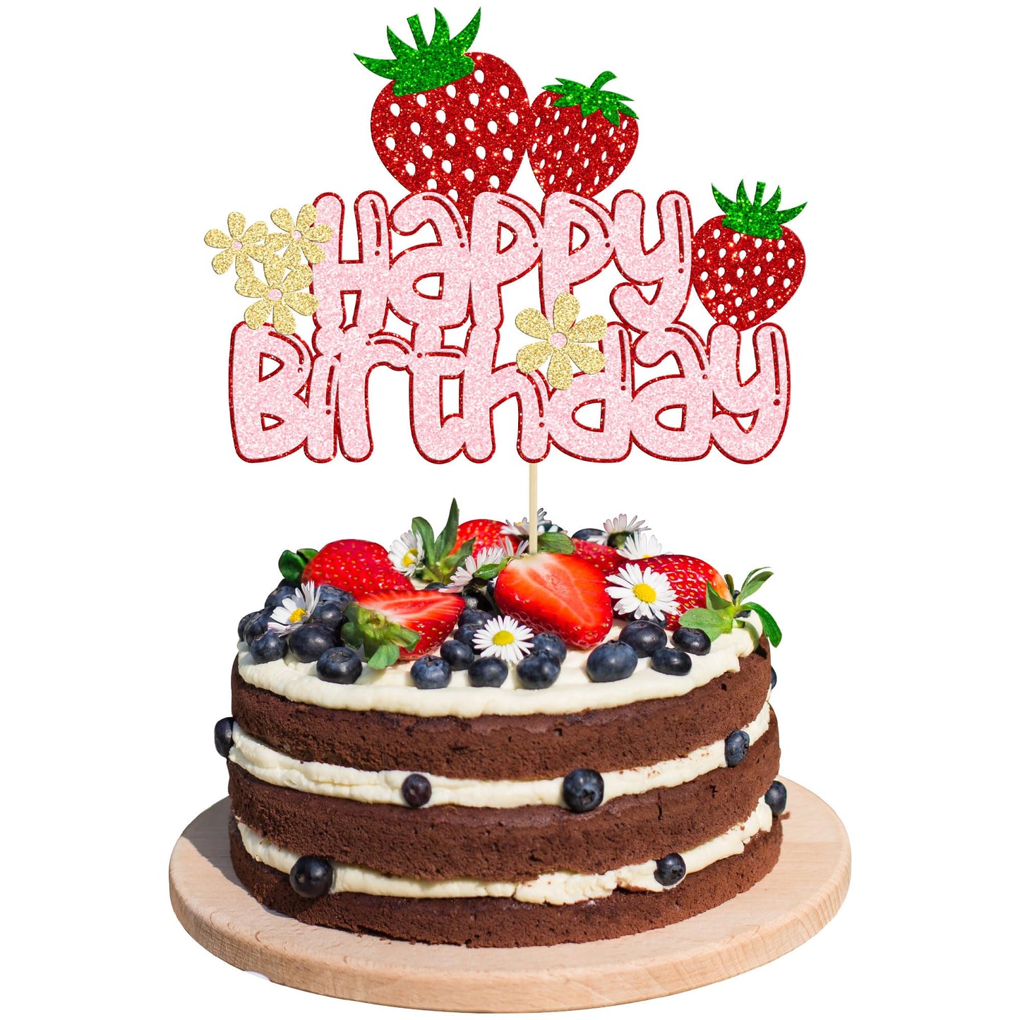 1 Pack Happy Birthday Cake Topper Glitter Strawberry Cake Pick For Fruit Theme Baby Shower Kids Birthday Party Strawberry Fruit