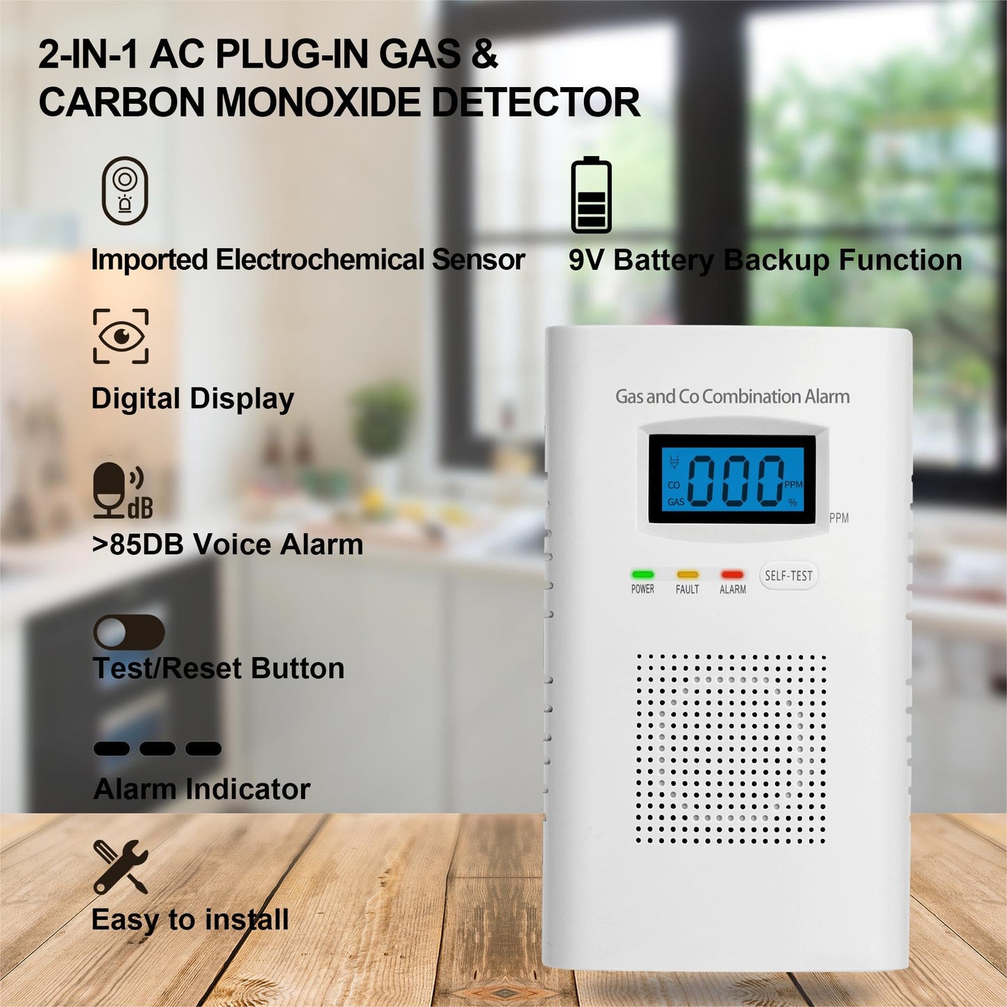 Plug In Combination Gas & Carbon Monoxide Detectors - Natural Gas Detectors & Carbon Monoxide Alarm For Home, Co Detector & Gas