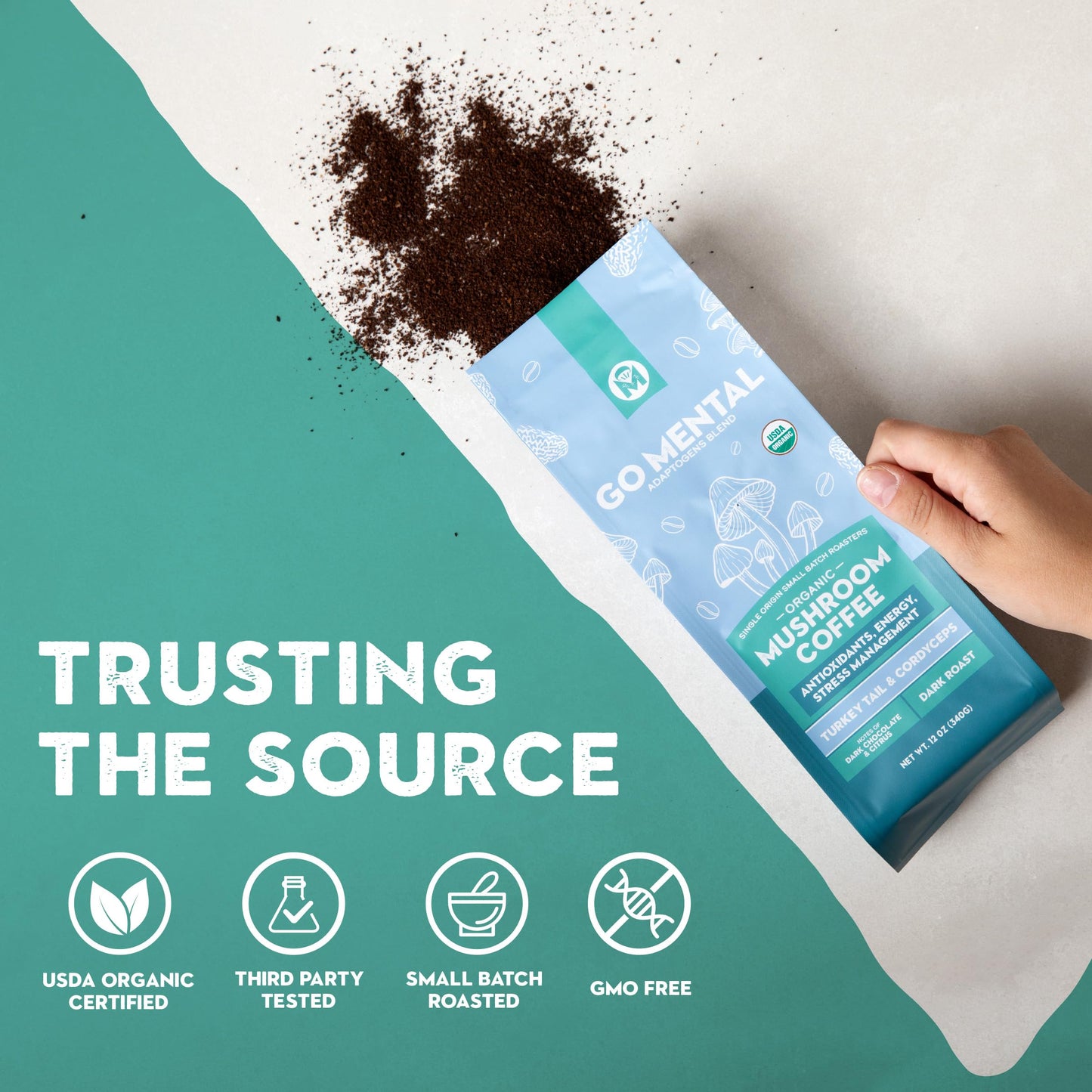 Organic Turkey Tail & Cordyceps Mushroom Coffee Dark Roast, Full Fruiting Body, Antioxidants, Immune System Support, Overall Wel