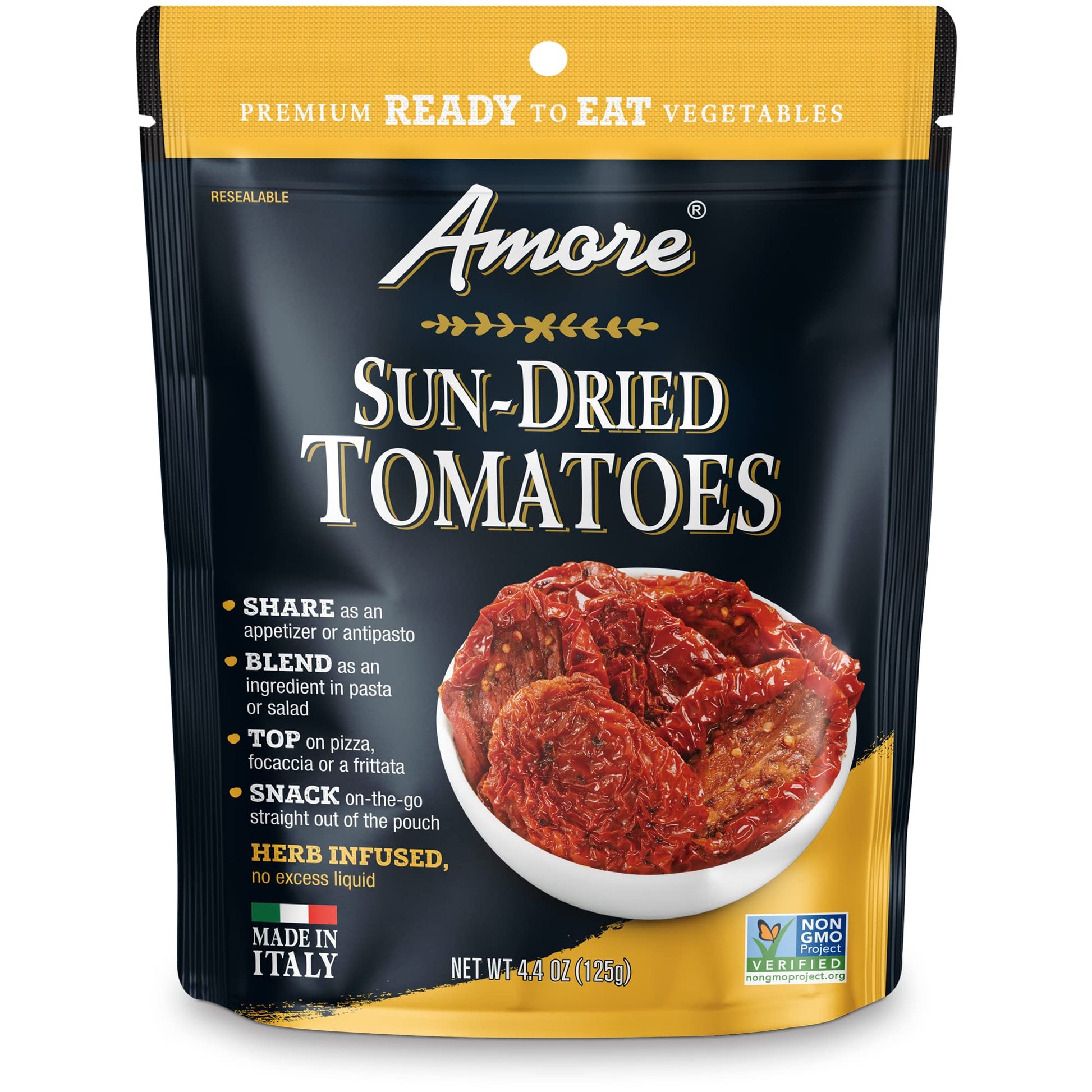 Amore Vegan Sun Dried Tomatoes - Non GMO Certified Ready-to-Eat Herb Infused Vegetables In Resealable Bags 4.4 Ounce (Pack of 10