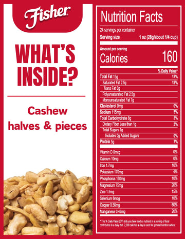 Fisher Snack Cashew Halves And Pieces, 24 Ounces, Roasted With Sea Salt, No Artificial Colors Or Flavors, 100% Recyclable