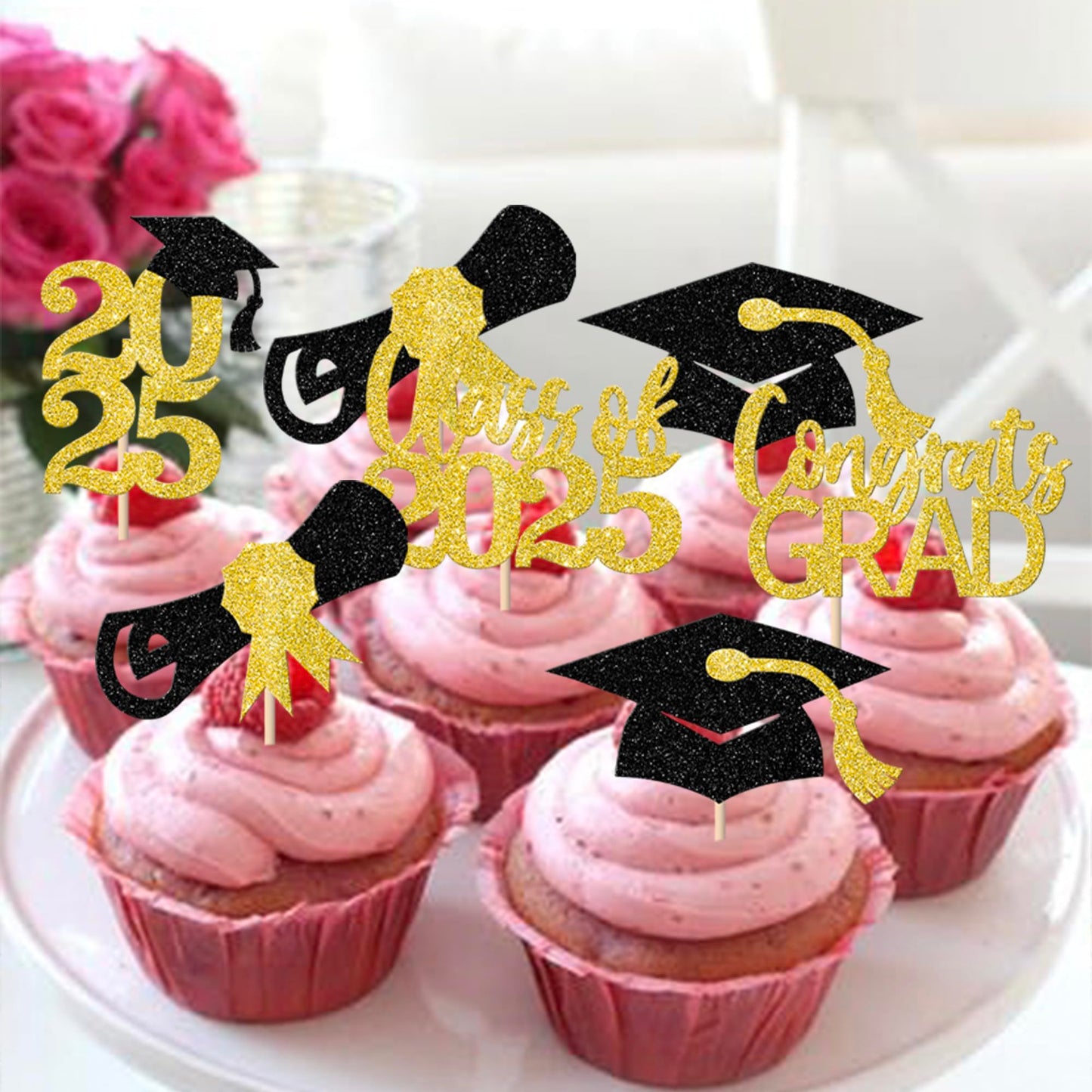 YCTHUNFISH 30 Pack Graduation Cupcake Toppers, Black Gold Glitter, Bamboo Picks for Class of 2025 Party Decorations