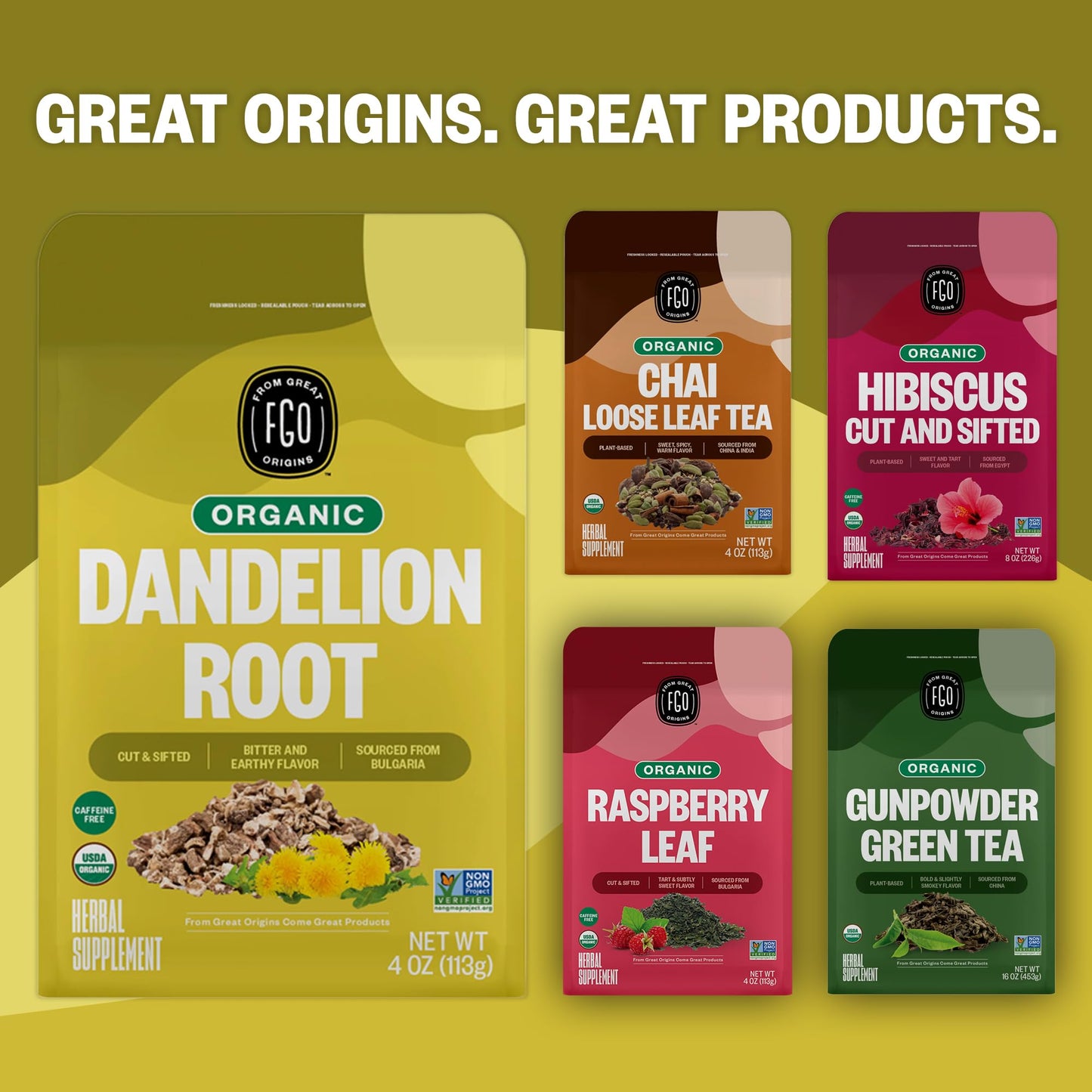 FGO Organic Dandelion Root Loose Tea, Resealable Kraft Bag, 16oz, Packaging May Vary (Pack of 1)