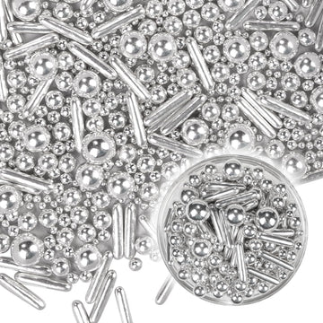 Dazzjoy Silver Pearl Rods Sprinkles, 130g/4.58oz, Mix Size, Pearl Sprinkles for Cupcake Decorating, Cupcake Toppers, Cake Decora