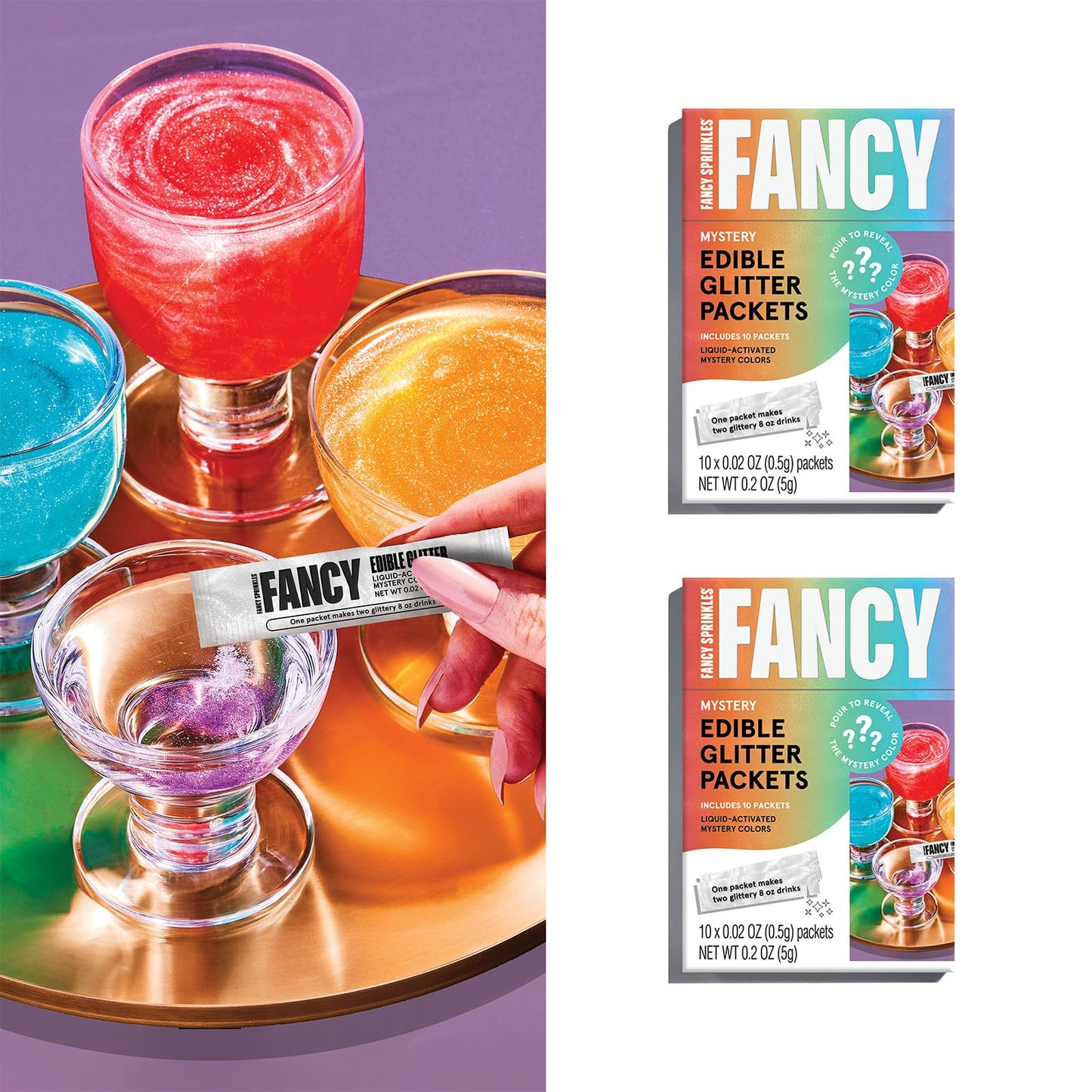 Fancy Sprinkles Edible Glitter Packets, Mystery Colors, 2 Pack, Portable for Drinks and Cocktails