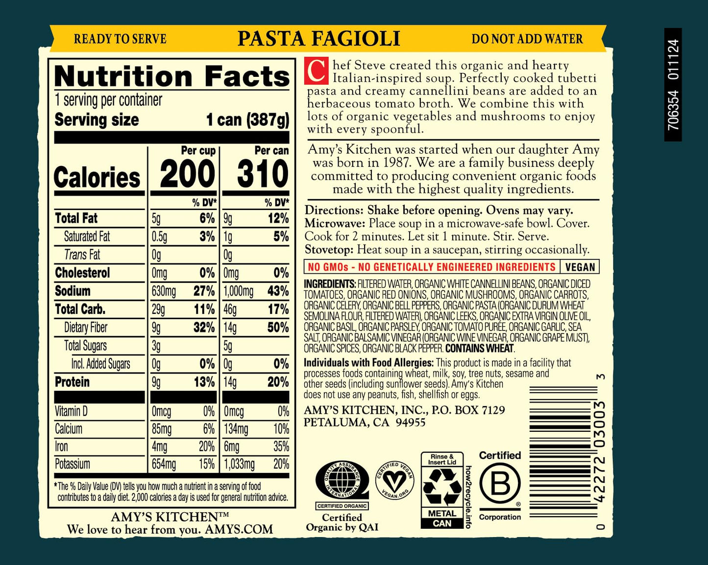 Amy s Organic Classic Italian Pasta Fagioli Soup, Dairy Free, Non GMO, 13.65 Ounces (Pack Of 12)