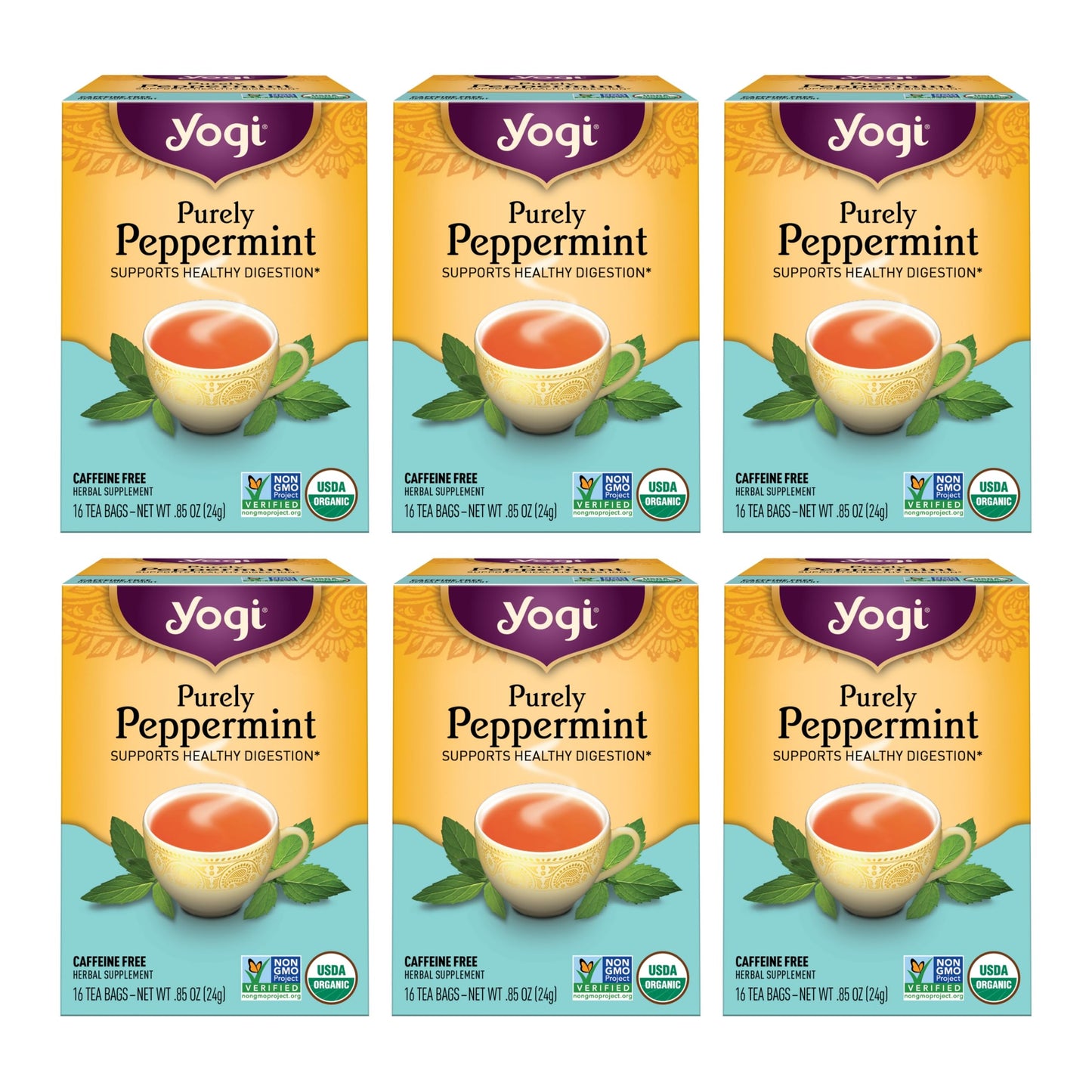 Yogi Tea - Purely Peppermint Tea (6 Pack) - Supports Healthy Digestion - Caffeine Free - 96 Organic Herbal Tea Bags