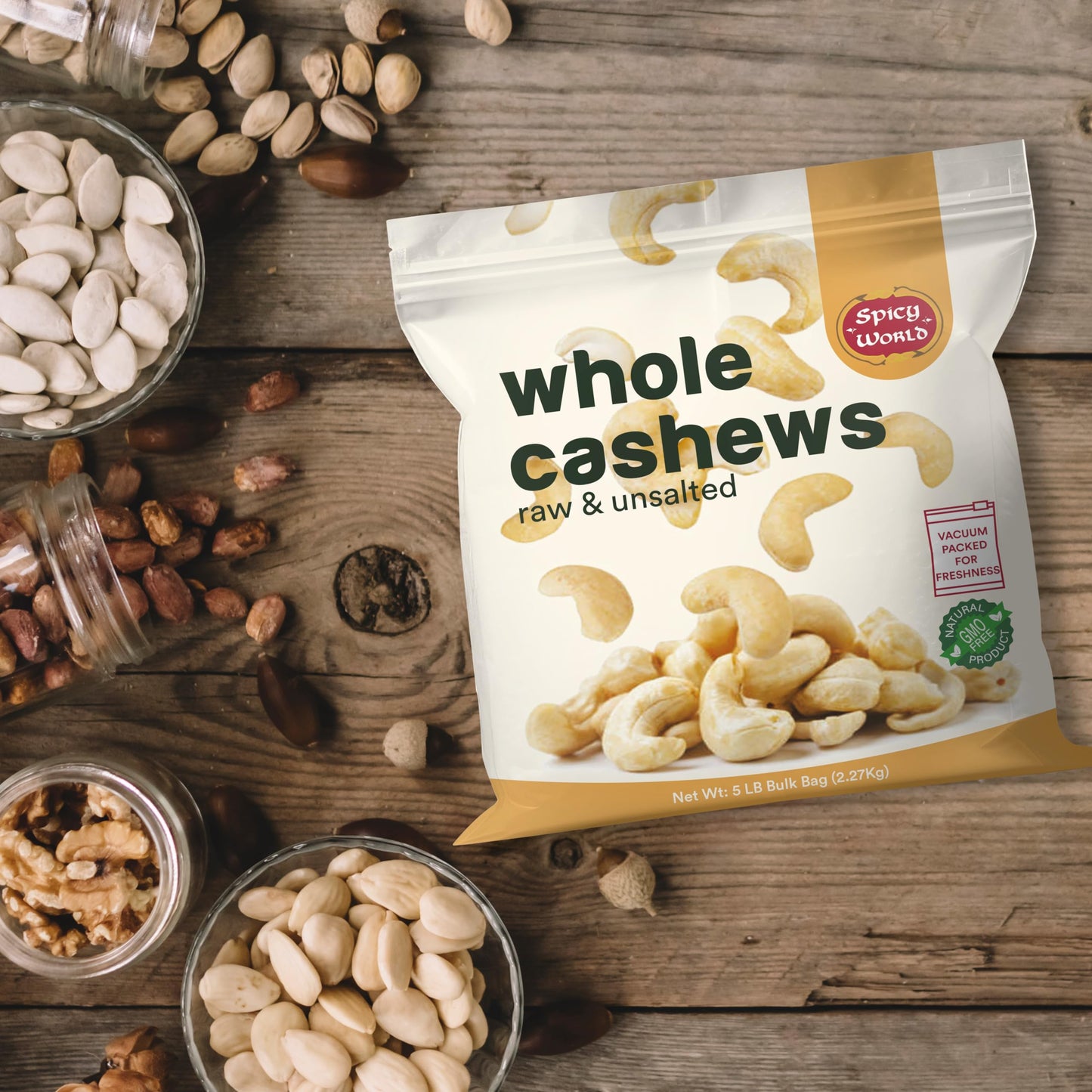 Spicy World Raw Cashews Whole 5 Pound Bulk - Unsalted, Natural & Pure, No Chemicals