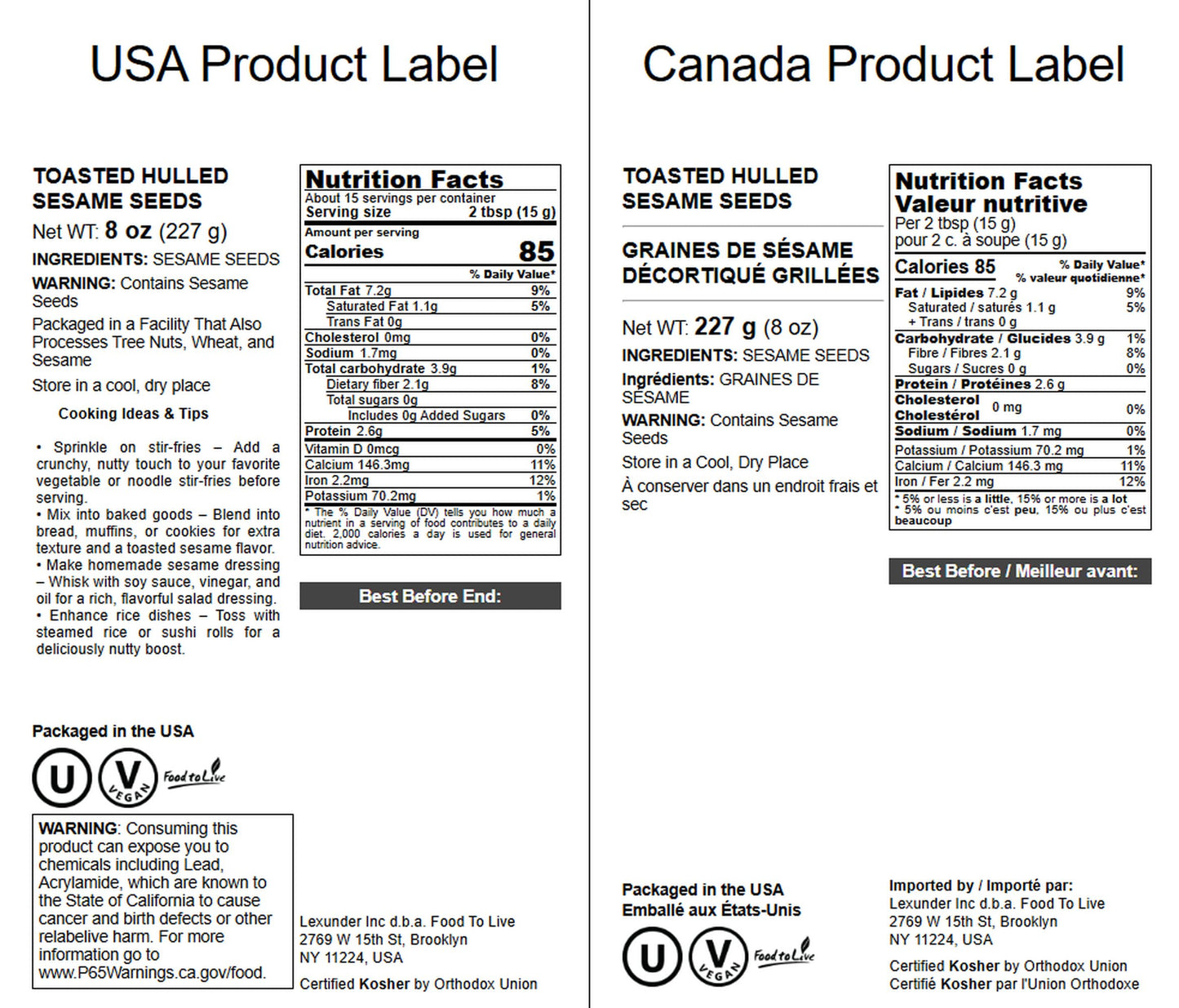 Food To Live Toasted Hulled Sesame Seeds, 8 Ounces - Crunchy And Nutritious Snack, Oven Roasted, Unsalted, No Oil Added, Perfect