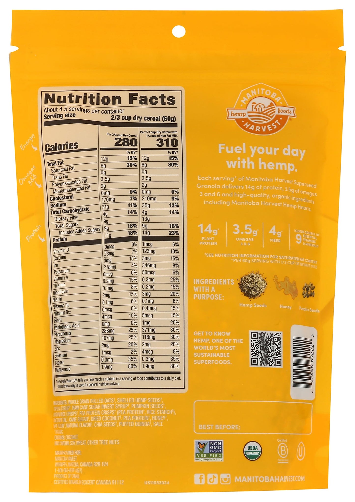 MANITOBA HARVEST Organic Honey & Oats Hemp Yeah granola, 10 OZ