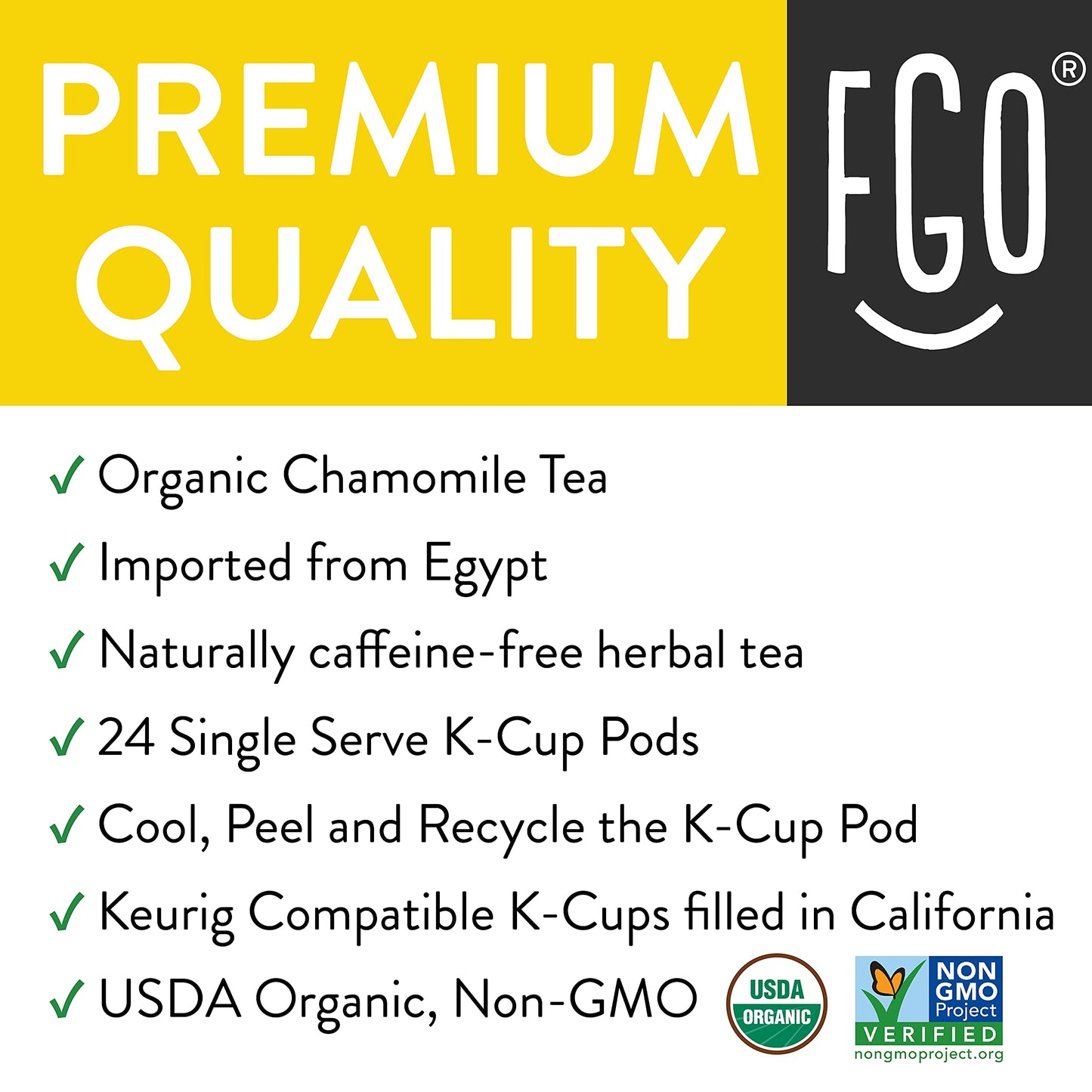 Organic Chamomile Herbal Tea K-Cup Pods 24 Pods by FGO - Keurig Compatible - Naturally Caffeine-Free Tea enhanced Green Tea is USDA Organic Non-GMO & Recyclable