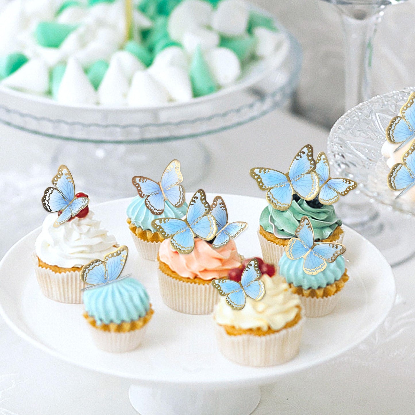 Cyodoos 30Pcs Blue Gold Edge Mixed Size Lively 3D Waterproof Butterfly Cupcake Topper For Girls Women'S Happy Birthday Wedding P