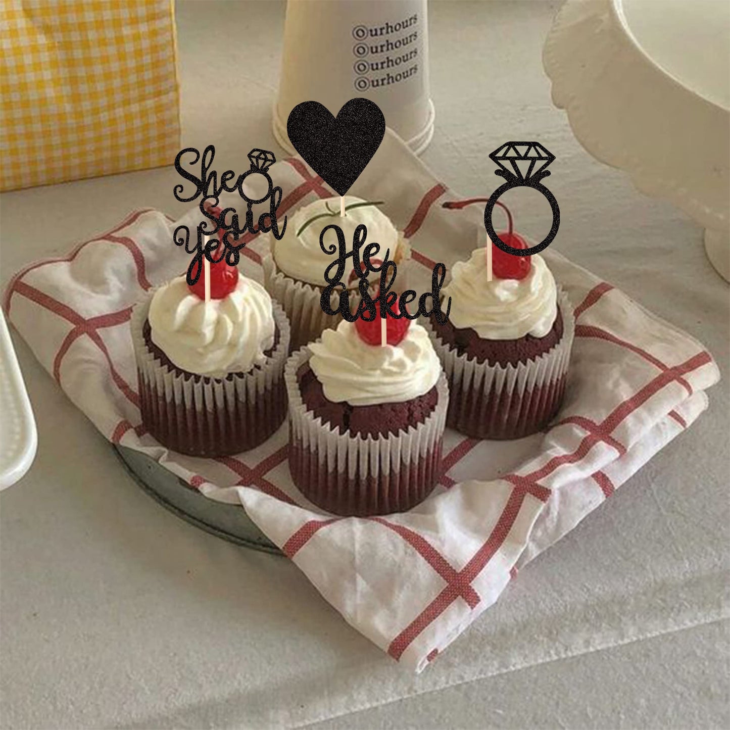 ZHUOWEISM Cupcake Toppers 24 PCS Glitter Heart Ring Bachelorette Wedding Engagement Party Decorations Small Black Bamboo