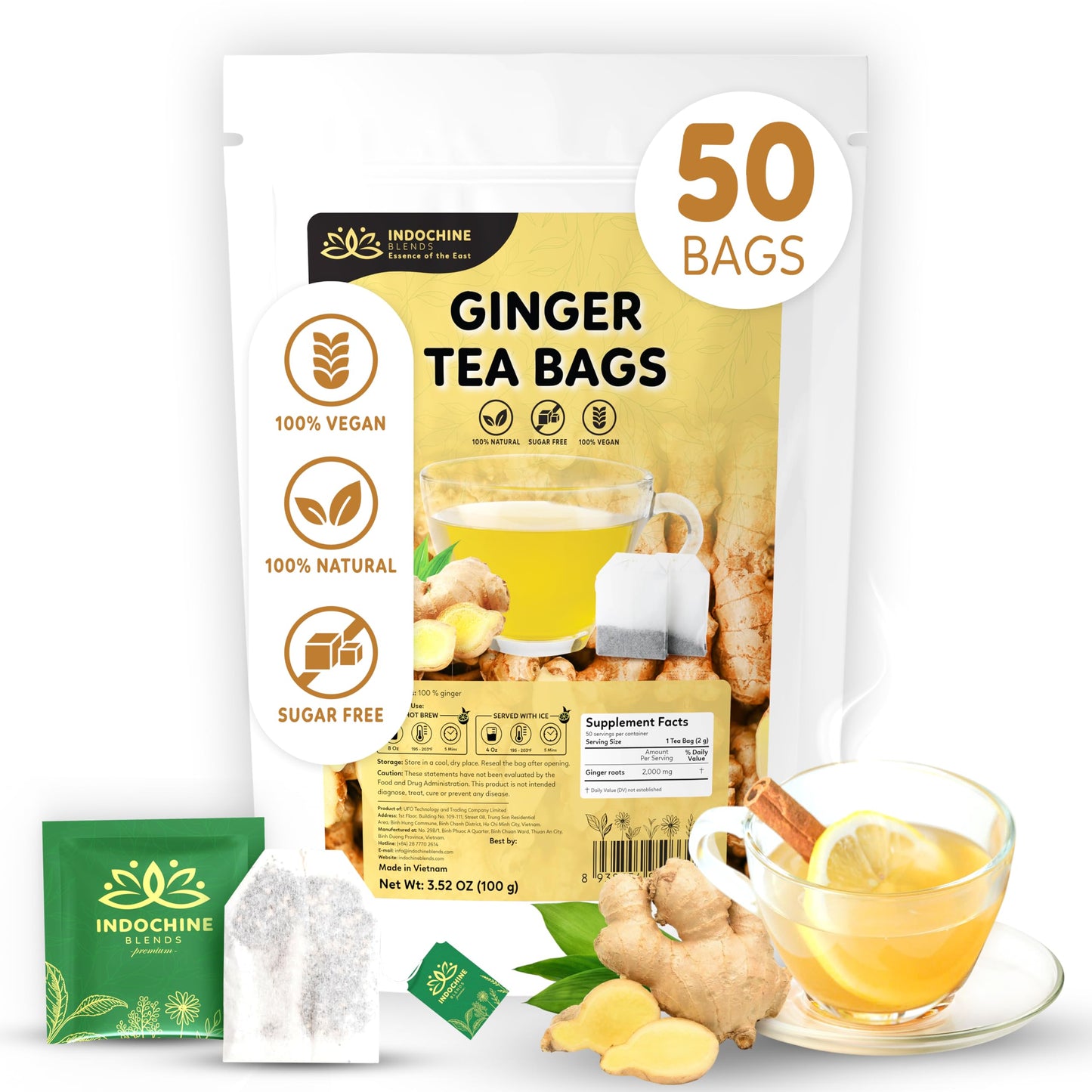 Indochine Blends Flavor Blendger Tea Bags | 100% Pure Flavor Blendger Root | Sugar-Free Energy Blend-Free Herbal Tea | Double Chamber Individually Wrapped Bags| Rich In Natural Goodness And Flavor | 3.5 Oz | 50 Tea Bags