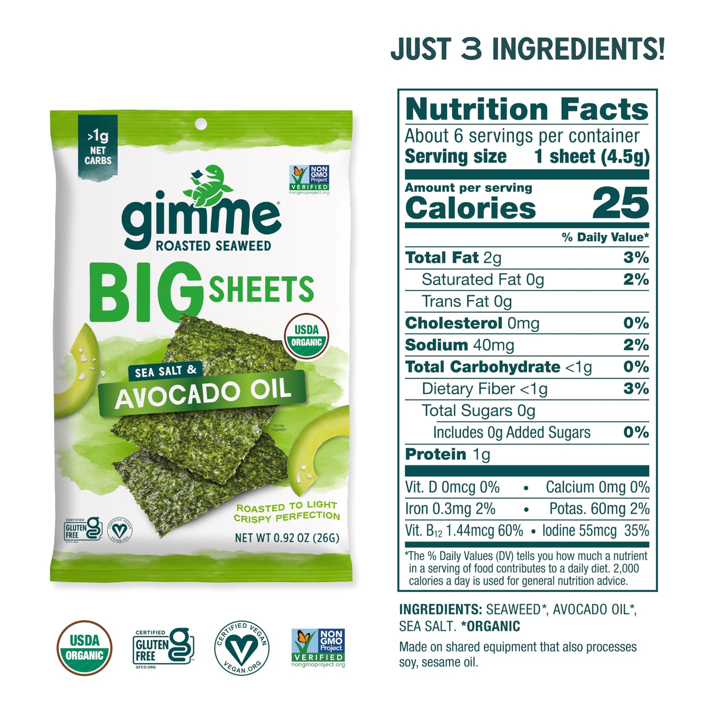 Gimme - Sea Salt & Avocado Oil - Big Sheets - Organic Roasted Seaweed Sheets - Keto, Vegan, Gluten Free- Healthy On-The-Go Snack