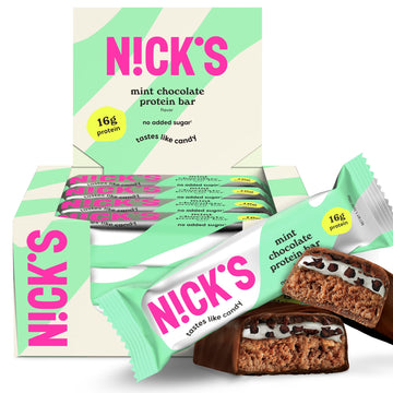 NICKS Mint Chocolate Protein Bars - 16g Protein, No Added Sugar, Low Carb, Keto Friendly Snack - 210 Calories per Bar - 12-Pack