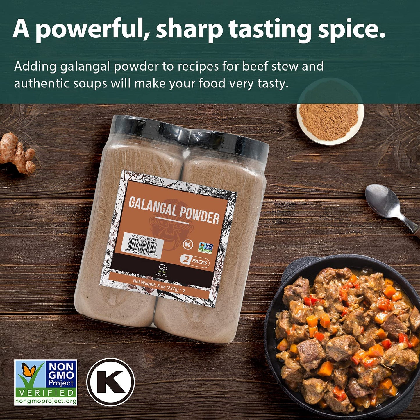 Soeos Galanga Powder 8Oz (227G), Twin Pack, 16Oz Total, Non-Gmo, Kosher, Greater Galanga, Alpinia Galanga, Perfect For Tom Yum And Tom Kha Soups,Product Of Vietnam, Galangal Powder For Cooking.