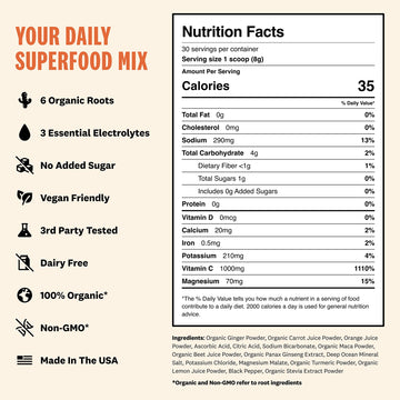 Superoot Natural Ginger Shot + Superfood Drink Mix - Immunity, Hydration & Wellness + Vitamin C Blend - Powder Juice Mix For Det
