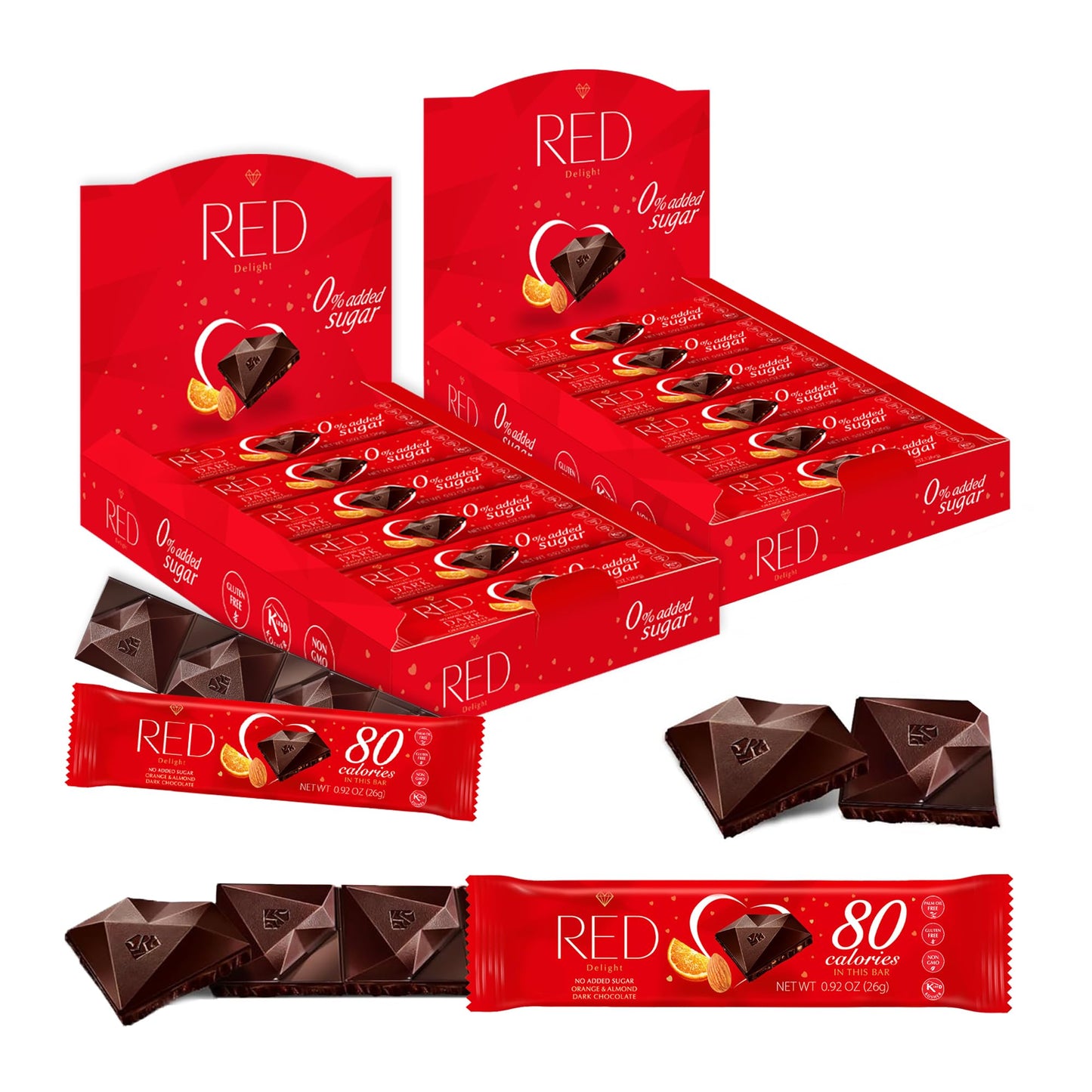 Red Delight Orange And Almonds Chocolate Snack Bars - Pack Of 24 Diamond-Shaped Vegan Chocolates (22.08Oz) With Rich Cocoa Flavor - European-Style Dark Chocolates - Gluten-Free And Kosher