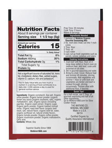 Watkins Organic Gourmet Seasoning Mix, Beef Stew, 1.5 Oz. Pouch, 1 Count (Pack of 4)