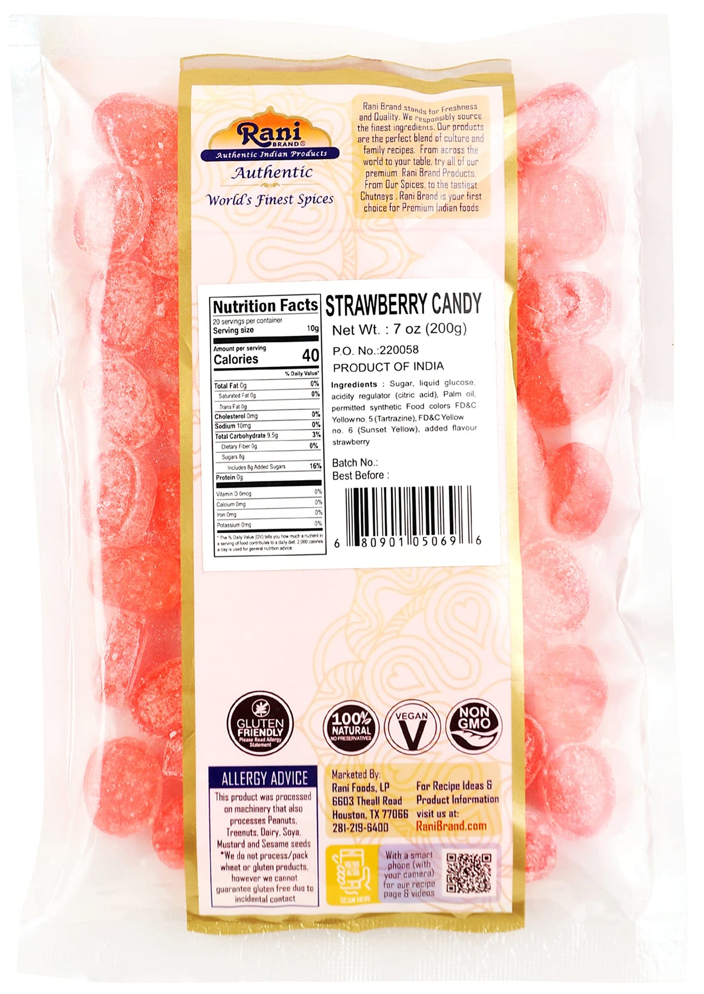 Rani Strawberry Candy - Vegan, Gluten Friendly, NON-GMO, Indian Origin - 7oz (200g)