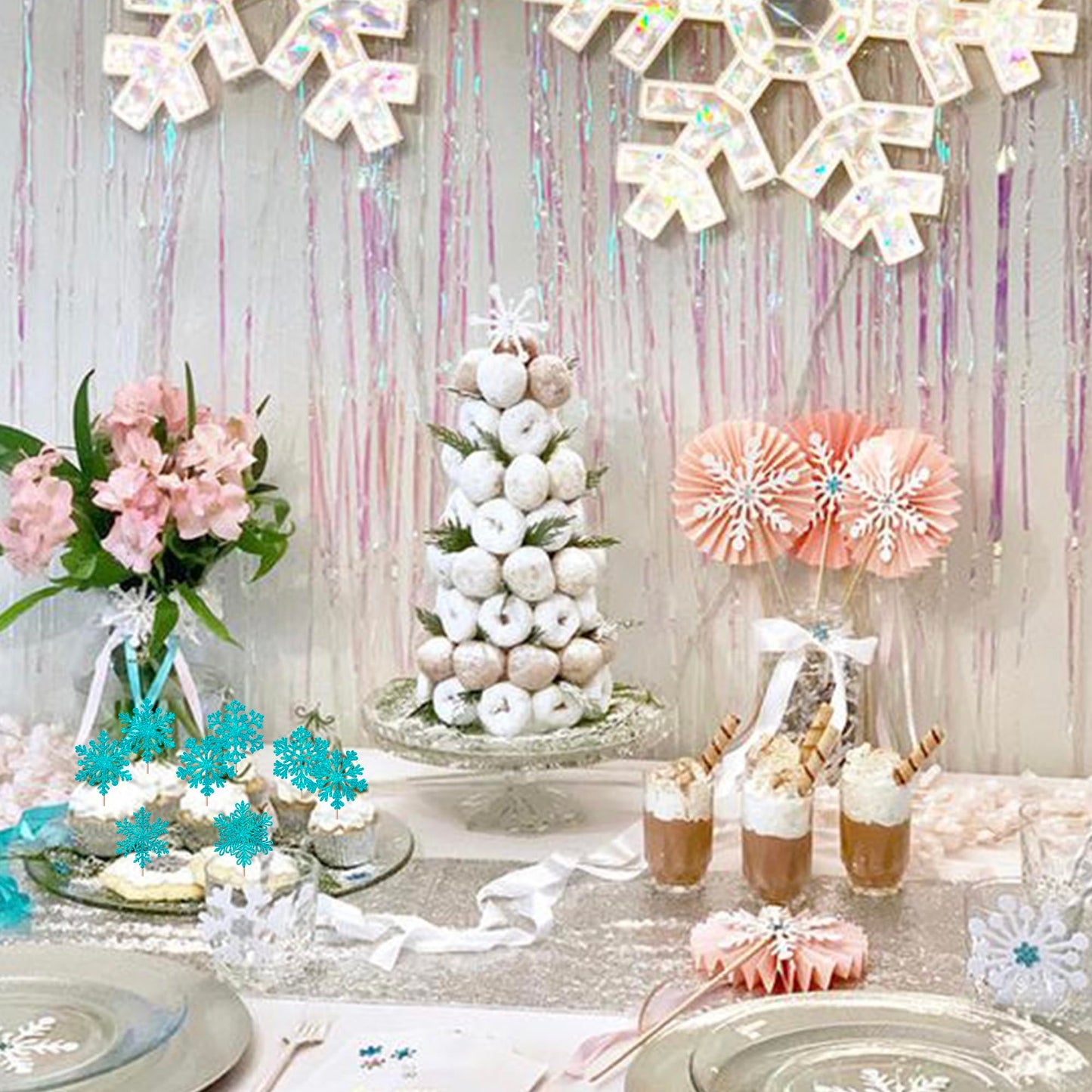 YCTHUNFISH Snowflake Cupcake Toppers, 24 Pack, Glitter Paper Decorations for Winter, Blue
