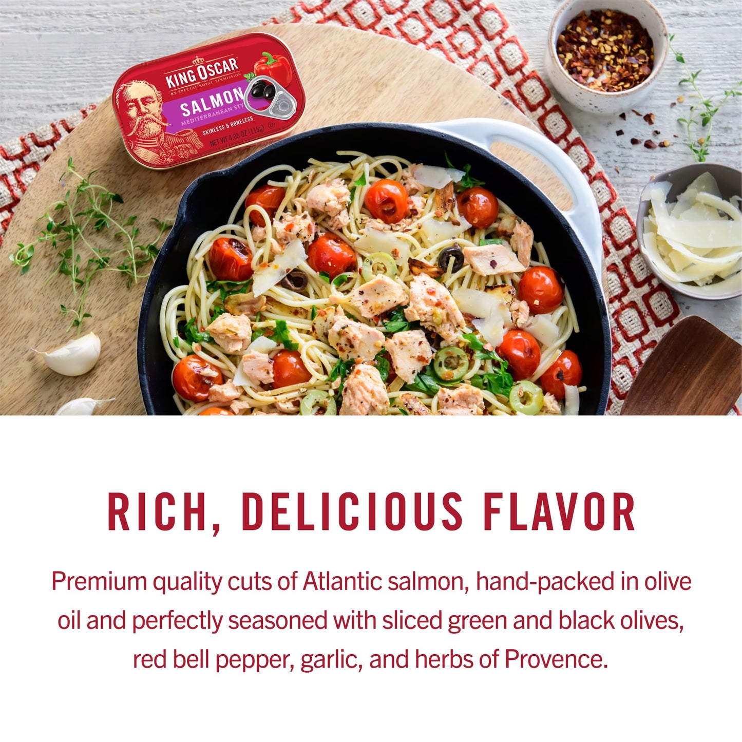 King Oscar Premium Salmon In Olive Oil, Mediterranean Style, 4.05-Ounce Cans (Pack Of 12, Packaging May Vary), Skinless & Bonele