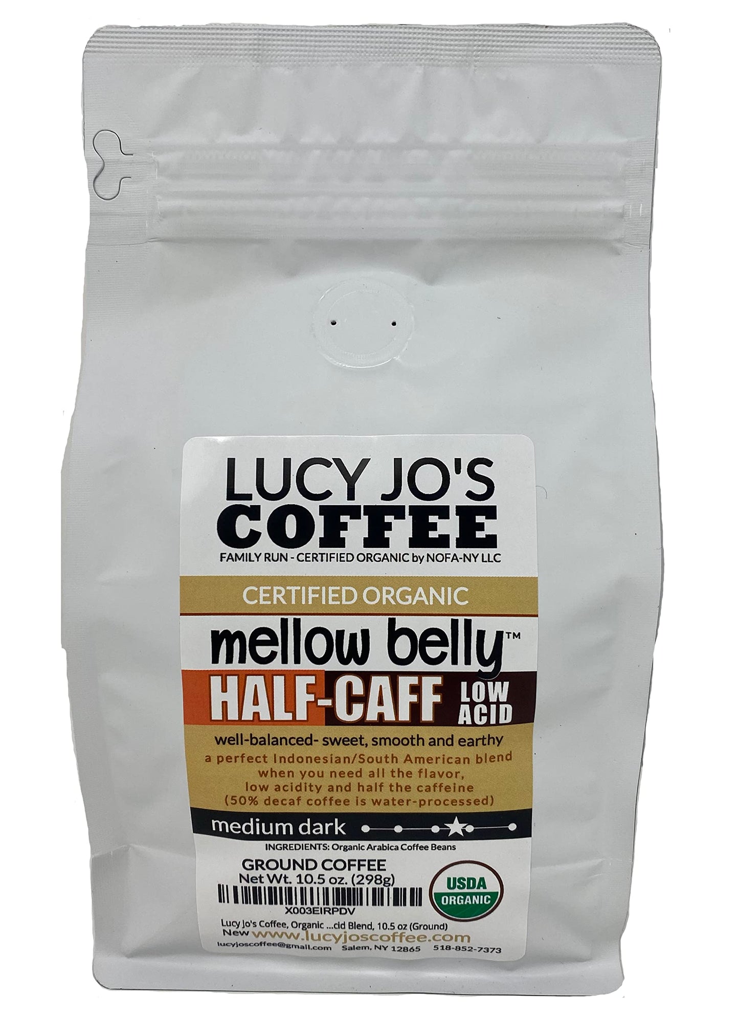 Lucy Jos Coffee, Organic Mellow Belly Half-Caff Low Acid Blend, Medium Dark, 10.5 Oz (Ground)