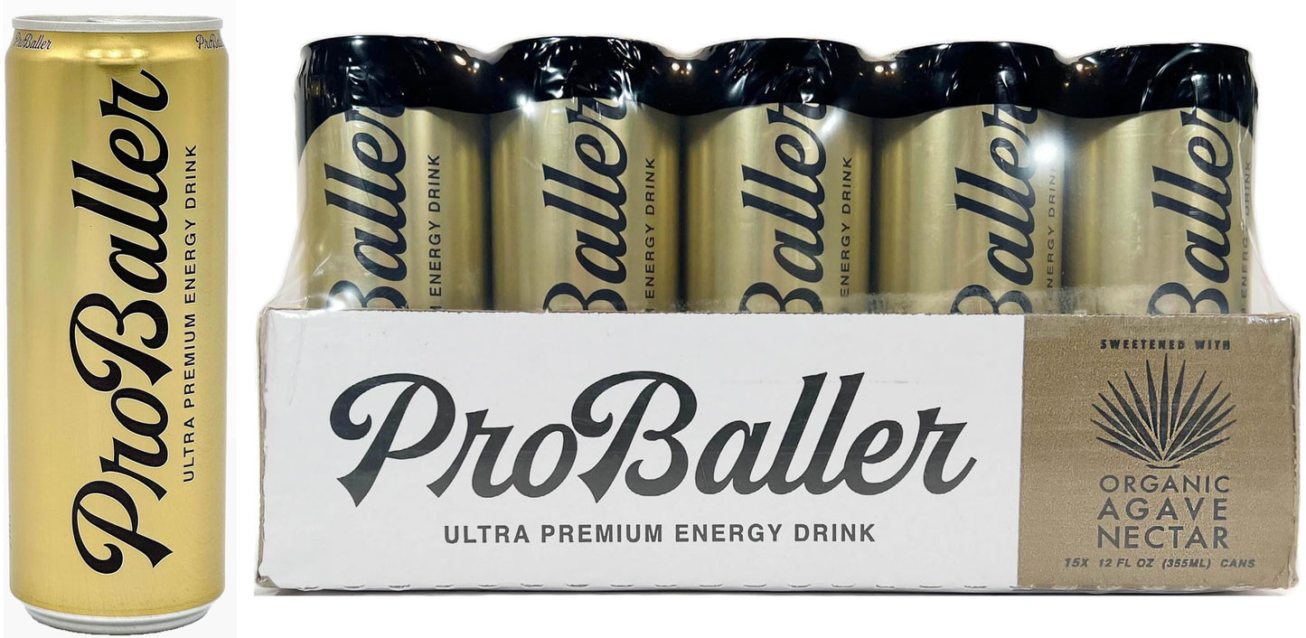 PROBALLER Ultra Premium Energy Drink, Natural Energy, Organic Blue Agave, Guarana, 12 fl oz, Pack of 15