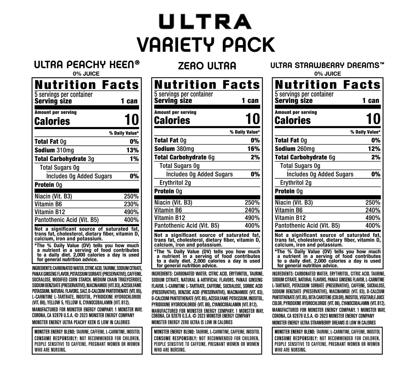 Monster Energy Ultra Variety Pack, Zero Ultra, Ultra Peachy Keen, Ultra Strawberry Dreams, Sugar Free Energy Drink, 16 Ounce (Pack Of 15)