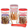 Pirouline Rolled Wafers - Dark Chocolate Chocolate Hazelnut And Strawberry - Best Flavor Mix Bundled With Serving Tongs Crme Filled Wafers For Coffee Tea Ice Cream Snacks Parties Gifts And More - 14.1Oz Tins 3Pk