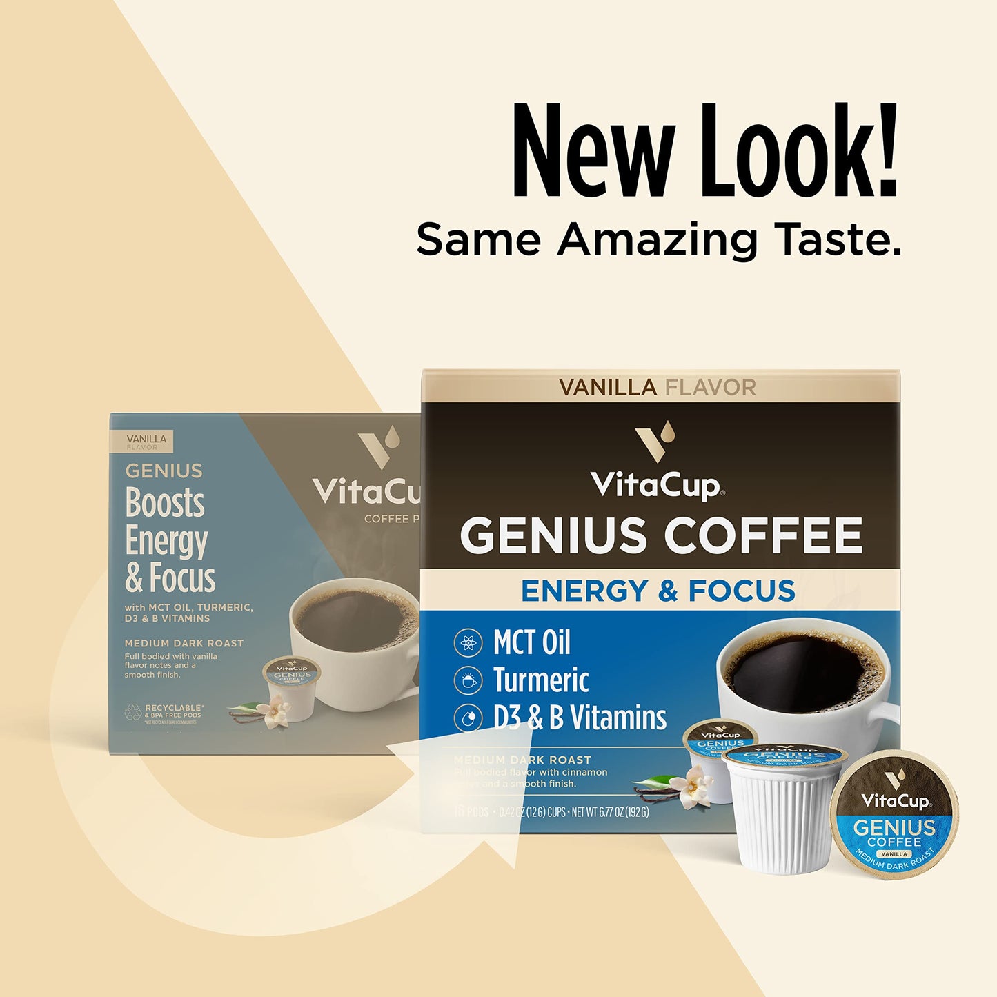 VitaCup Genius Vanilla Keto Coffee Pods with MCT Oil, B Vitamins & D3, 64 Count, Compatible with K-Cup malt-inspired
