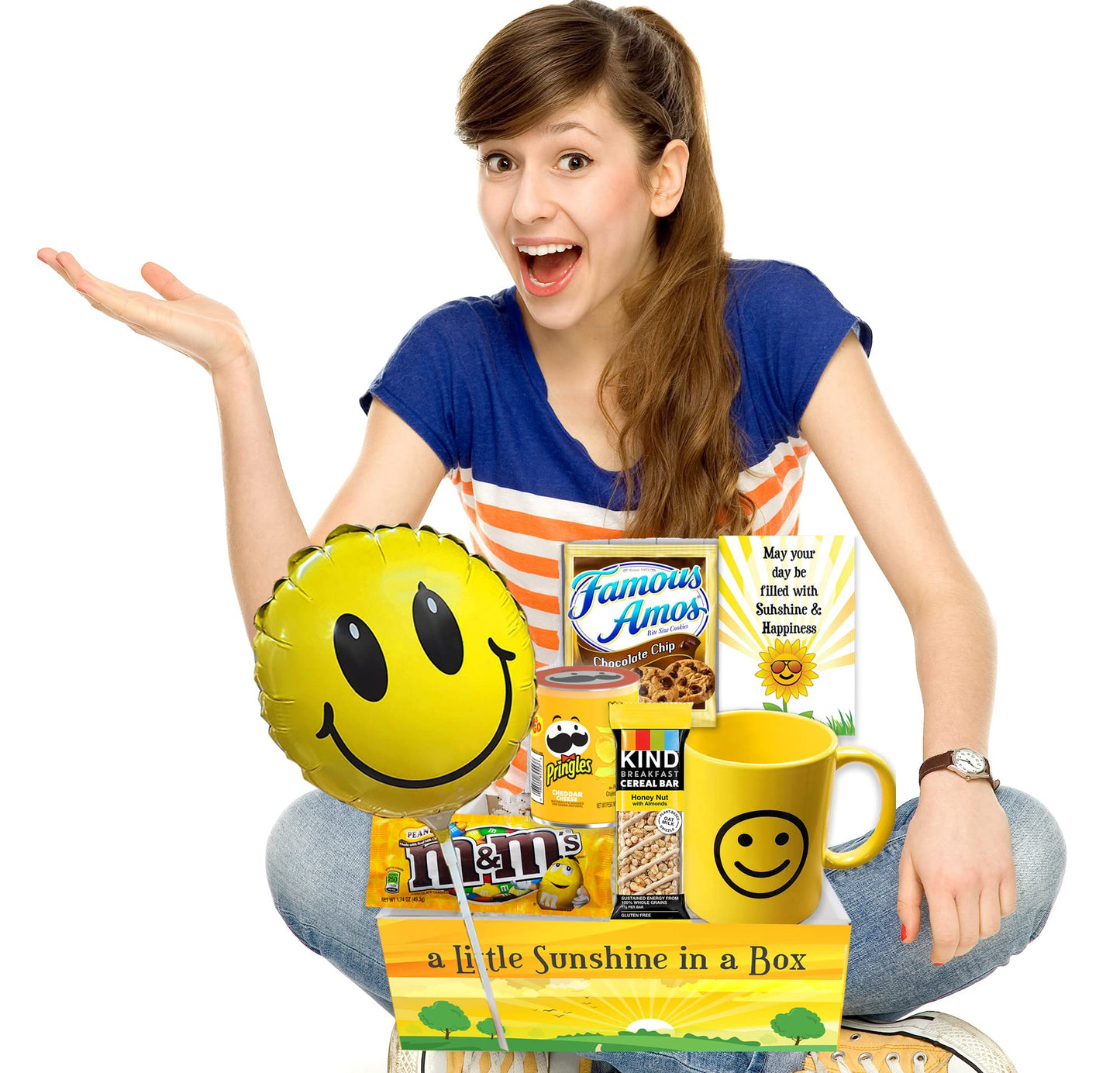 Thinking of You, Cheer Up CARE PACKAGE, Happy YELLOW Gift Basket Sending Sunshine gift package w/Balloon, Mug & Snacks | For Kid