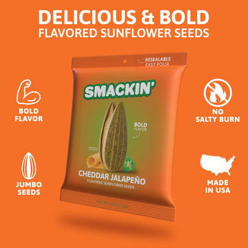 Smackin' - Jumbo Roasted Sunflower Seeds, No Salty Burn, American Made, Easy Pour & Seal - Cheddar Jalapeo, 4Oz Bag (12 Bags)