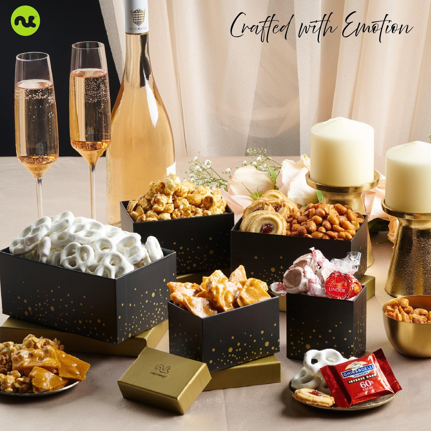 Nut Cravings Thanksgiving Chocolate Covered Pretzels & Caramel Popcorn Gift Basket, 8 Piece Assortment, Black & Gold 5 Tier Tower