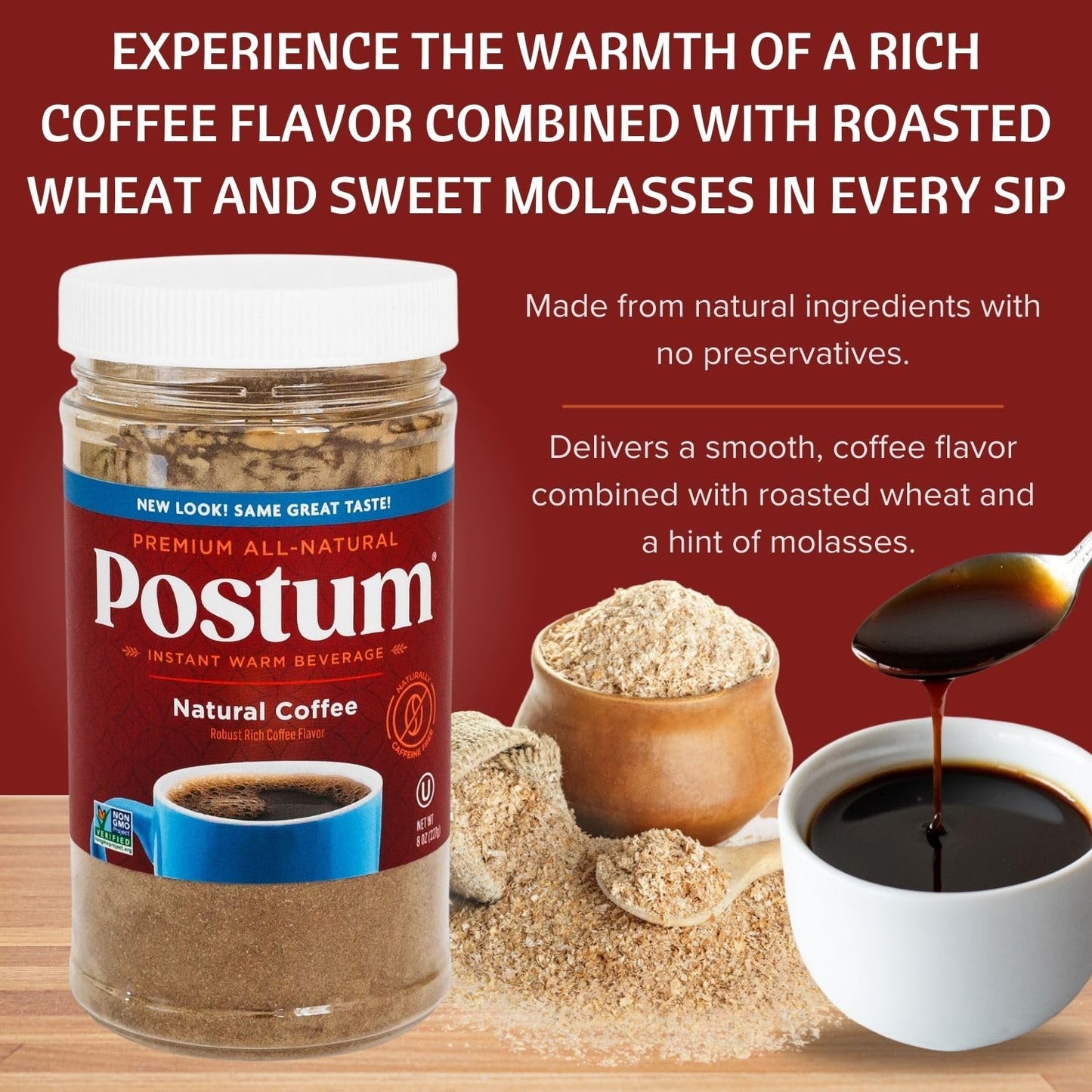 Postum Coffee Substitute, Caffeine Free, Natural & Non-GMO, 8oz