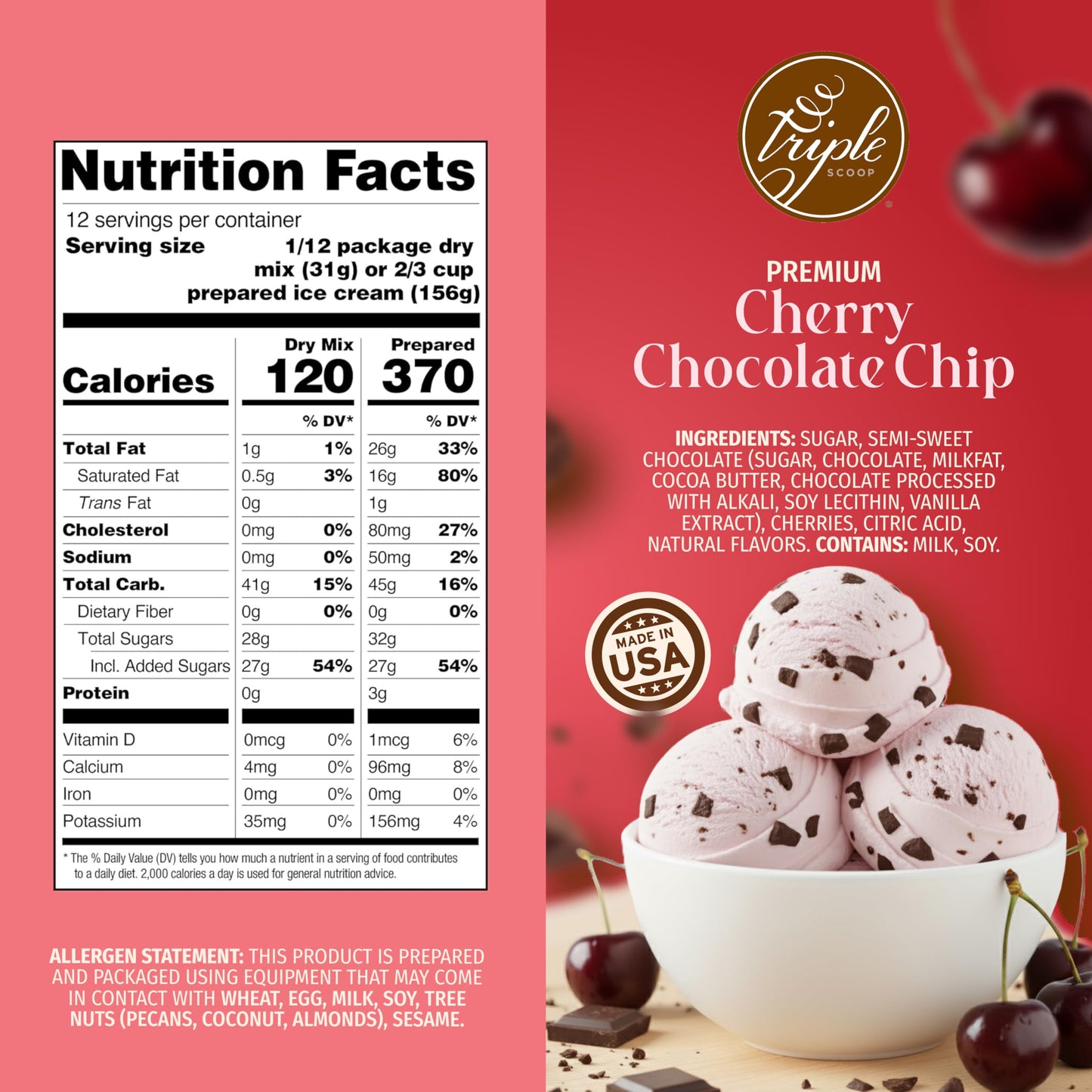 Triple Scoop Premium Cherry Chocolate Chip Ice Cream Starter Mix, 2 Boxes (13.1 oz each), Makes 4 Quarts, Made in USA