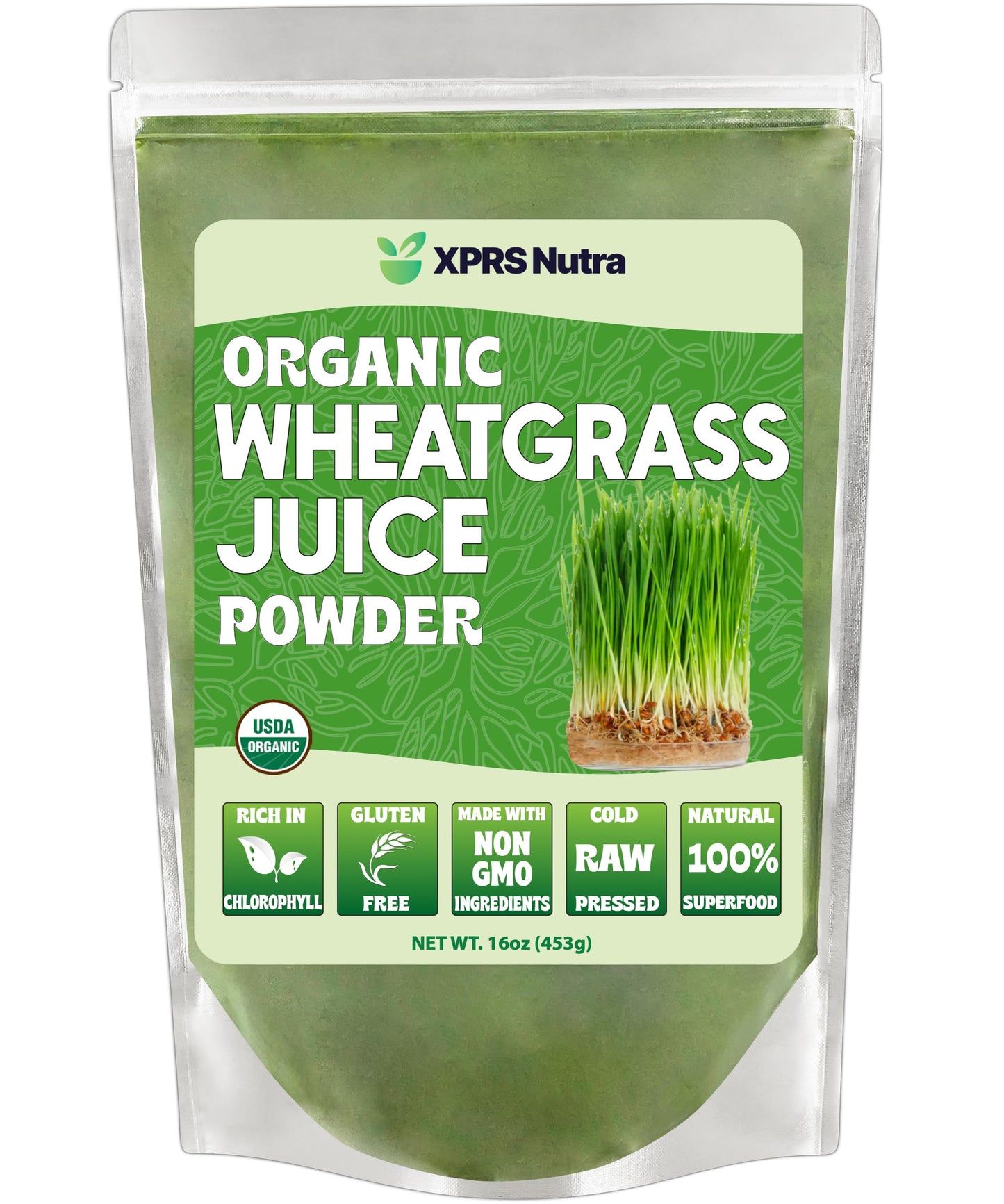 XPRS Nutra Organic Wheatgrass Juice Powder - Instant Concentrated Juice - 16 Ounce - Clear