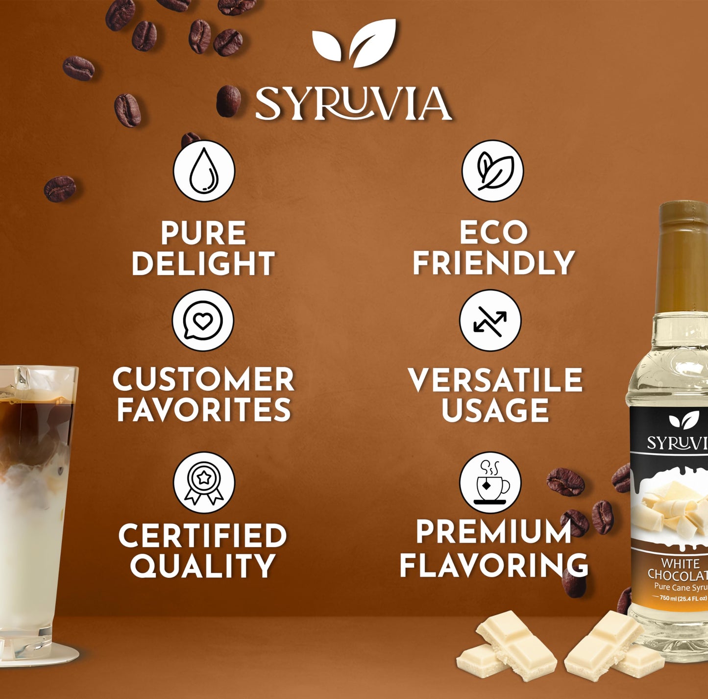Syruvia White Chocolate Syrup - White Chocolate Coffee Syrup Flavor, 25.4 Fl Oz, Kosher, Gluten Free, Perfect For Coffee, Drinks