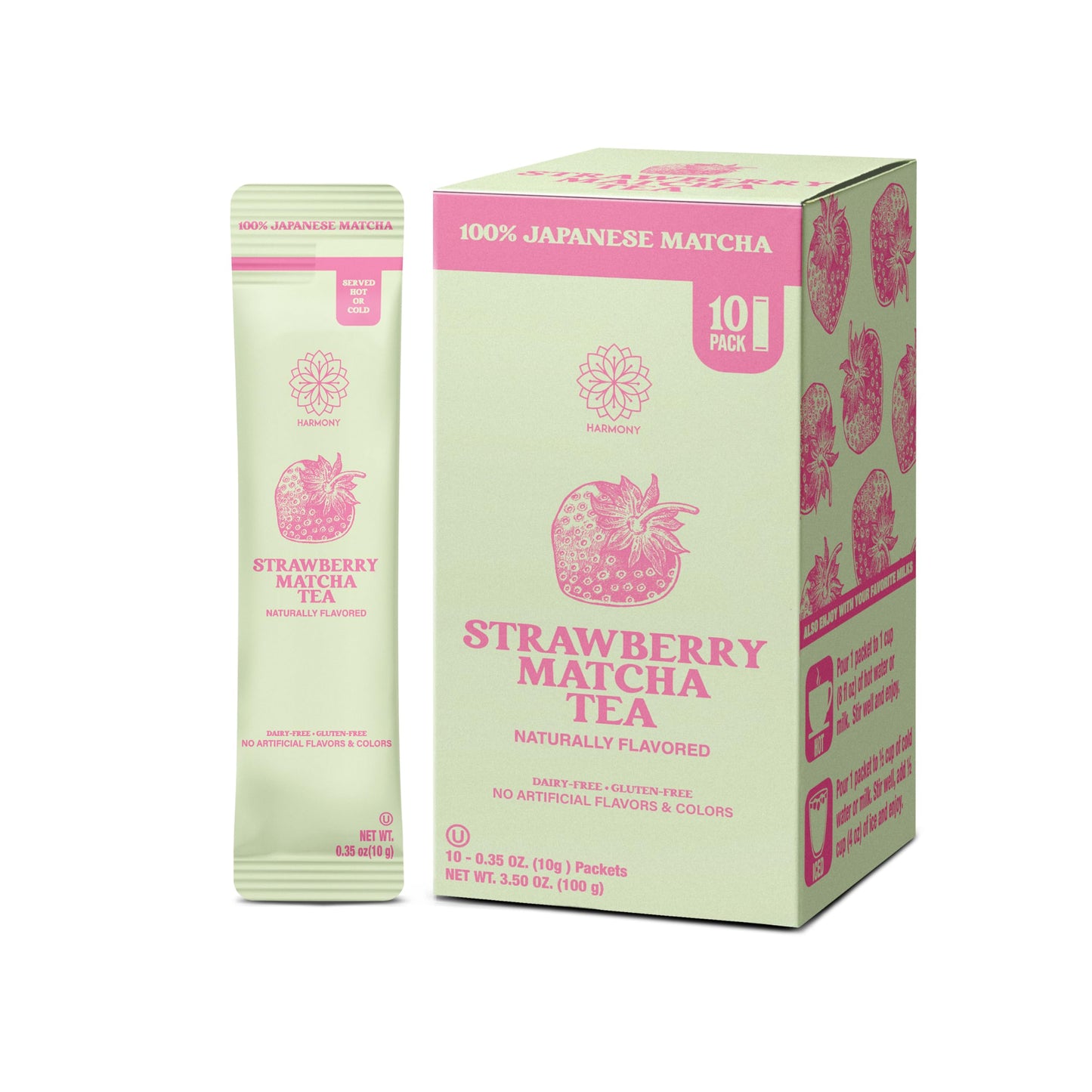 The Harmony Matcha Strawberry (10 Sticks) Top-Grade Japanese Matcha Powder Rich In Antioxidants & L-Theanine Sweetened With Organic Sugar No Preservatives