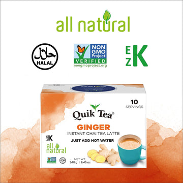 Quiktea Ginger Chai Tea Latte - 10 Count Single Box - All Natural Preservative Free Authentic Instant Chai From Assam