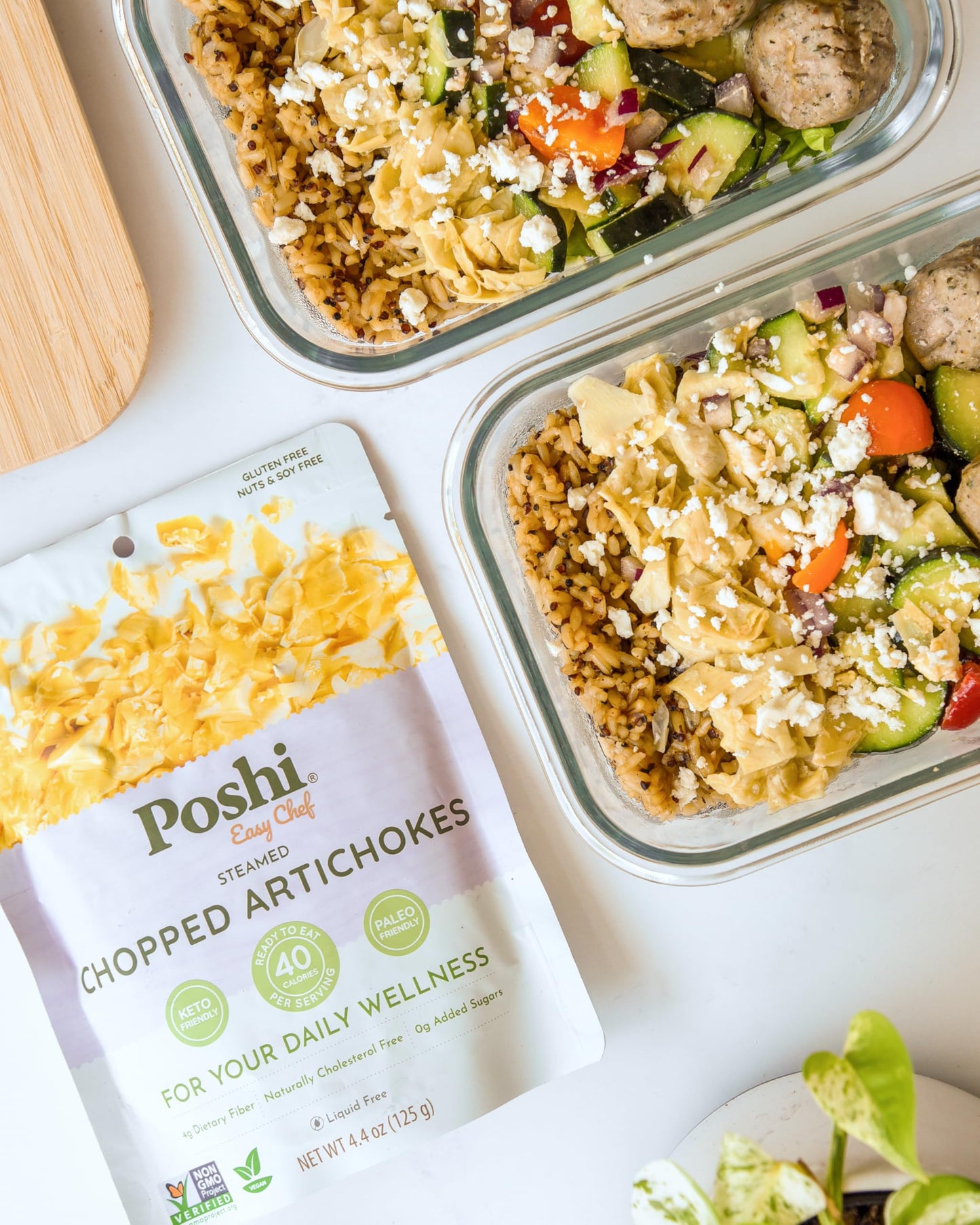 Poshi Chopped Artichoke Hearts - Steamed, Gluten-Free, Vegan - 6-Pack (4.4 oz/Pouch)